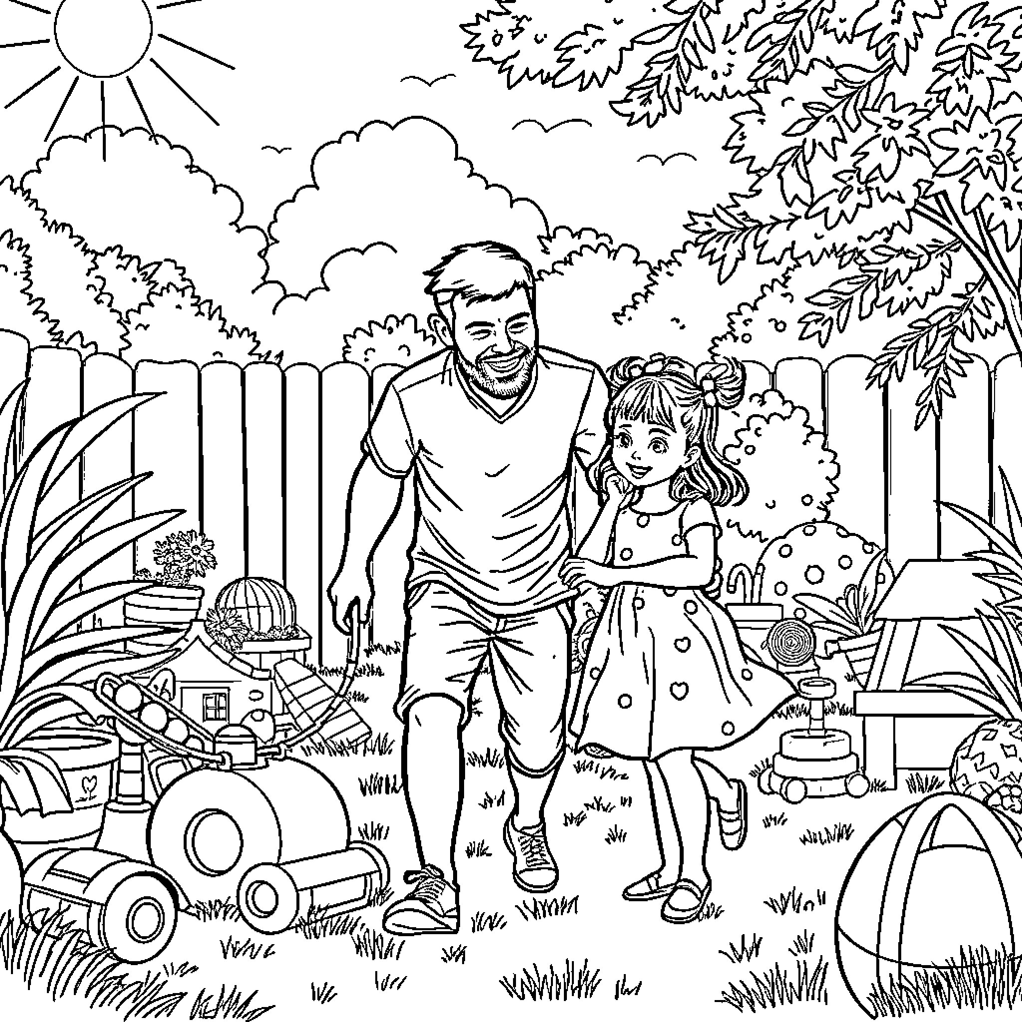 Dad and daughter enjoying outdoor activities together Coloring Page (free black-and-white line drawing printable PDF for all, from beginners to advanced learners, including children, teens, adults, and seniors)