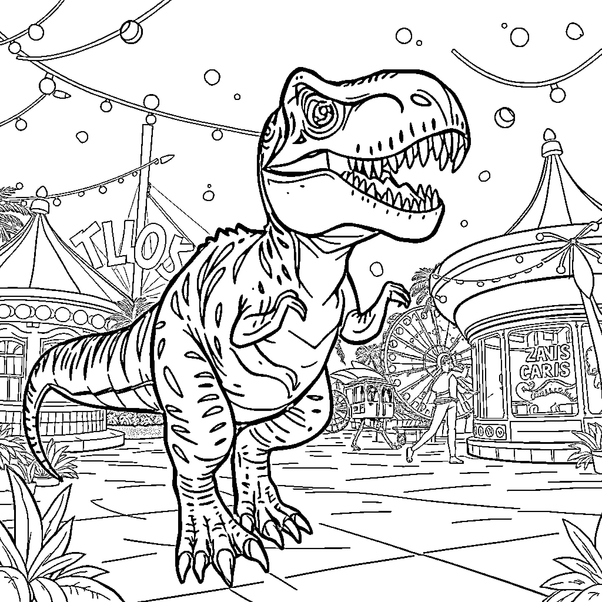 Velociraptor Roaming Freely in a Carnival Coloring Page (free black-and-white line drawing printable PDF for all, from beginners to advanced learners, including children, teens, adults, and seniors)