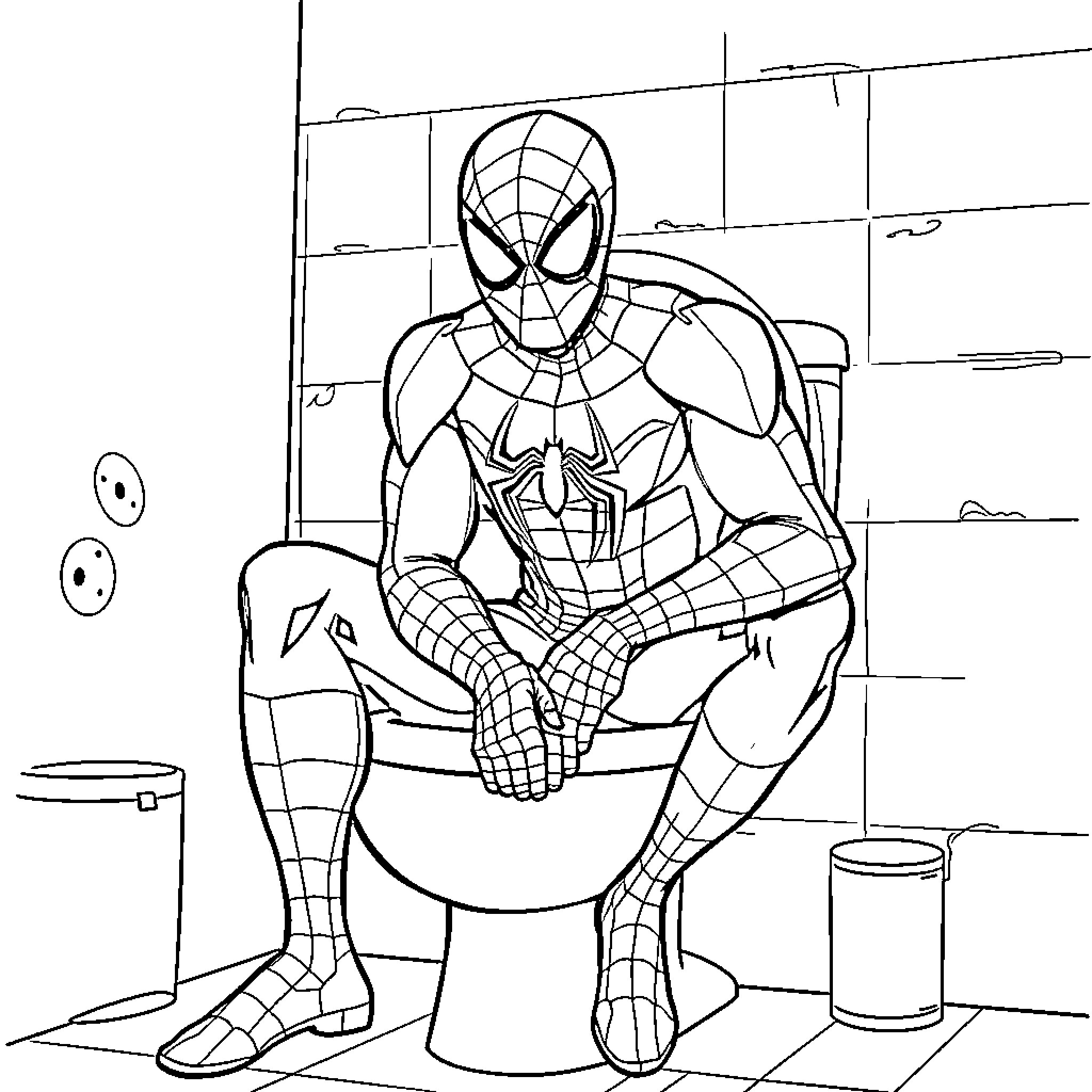 Spider-Man sitting on a toilet Coloring Page (free black-and-white line drawing printable PDF for all, from beginners to advanced learners, including children, teens, adults, and seniors)