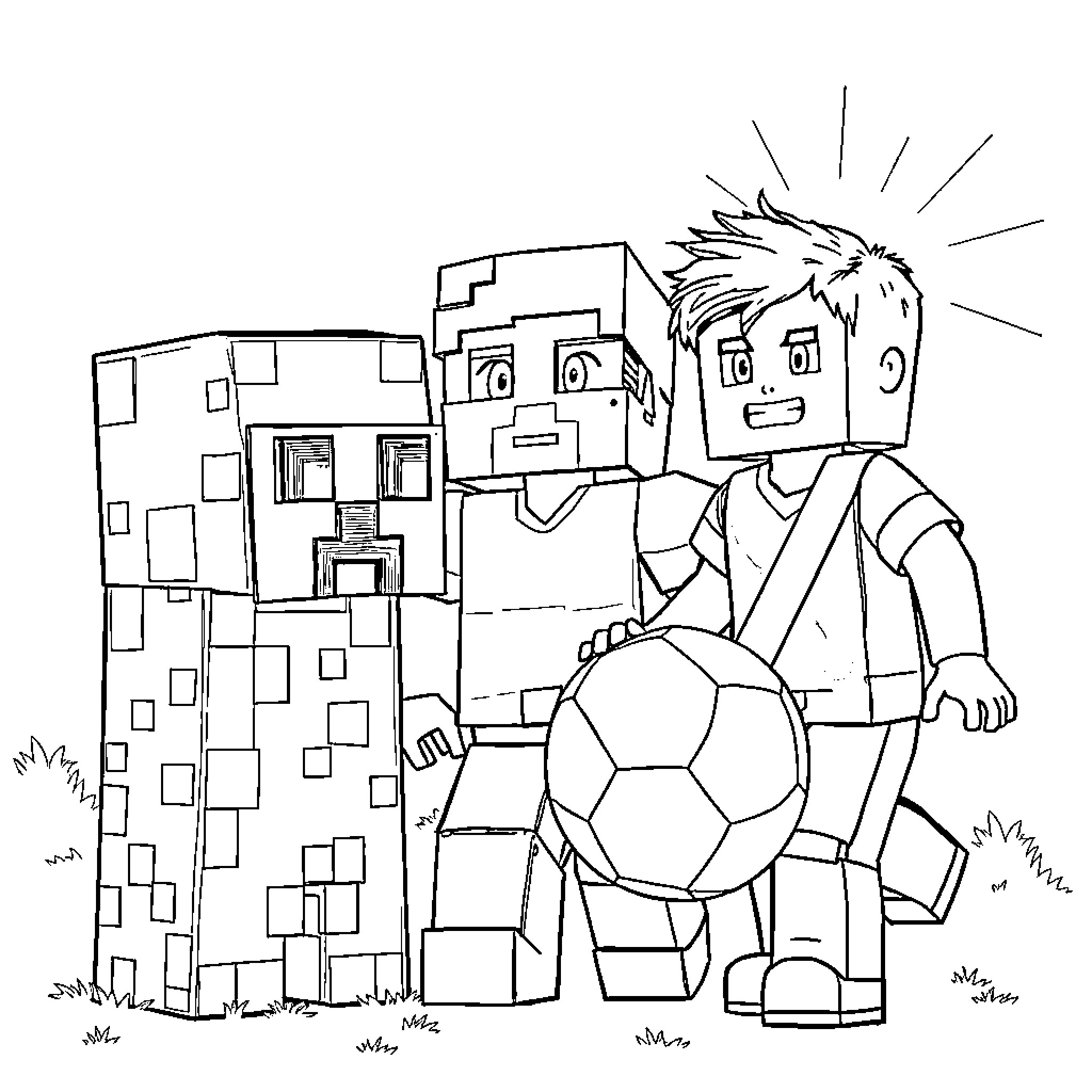 Minecraft characters playing with soccer ball Coloring Page (free black-and-white line drawing printable PDF for all, from beginners to advanced learners, including children, teens, adults, and seniors)