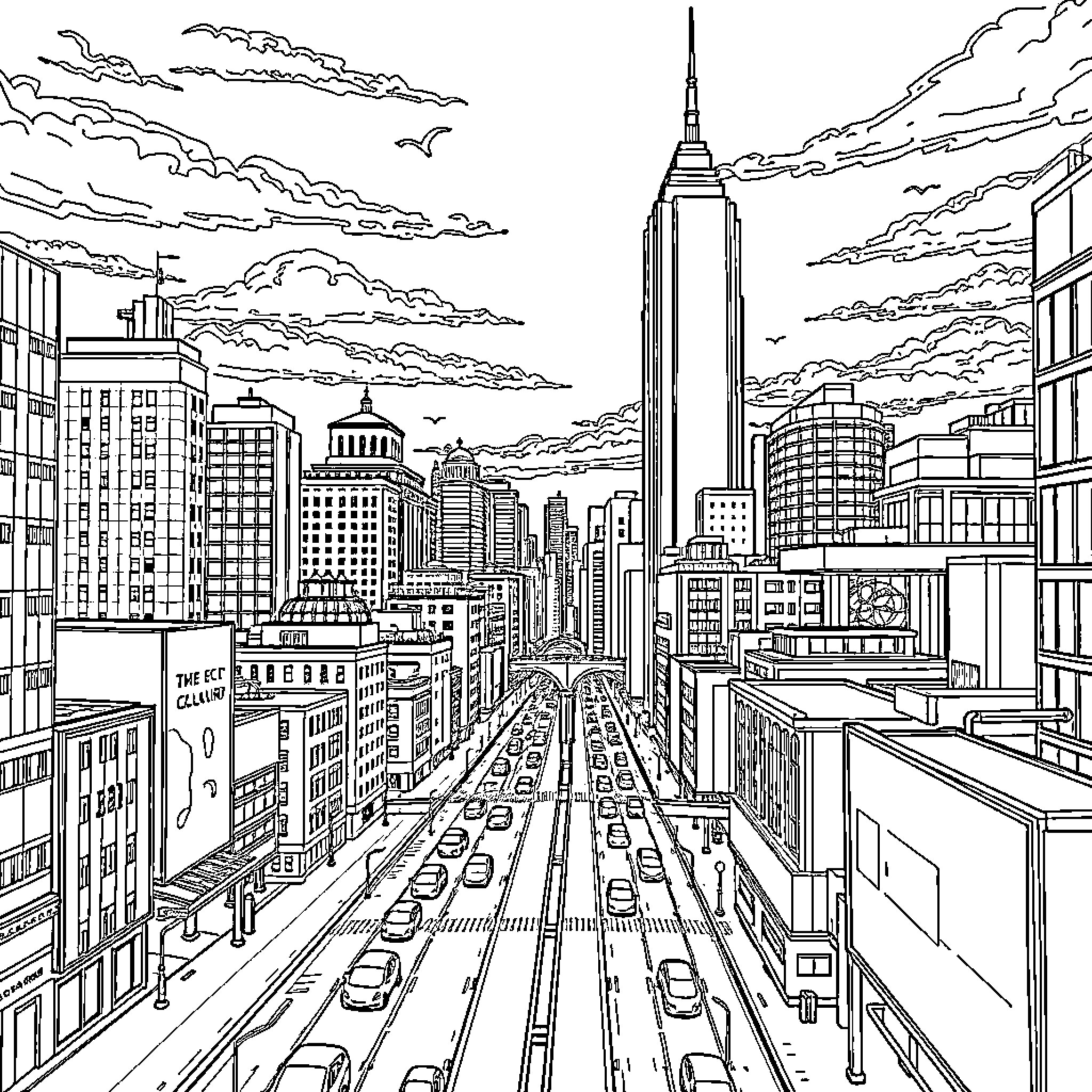Building with bustling city scenes and towering skyscrapers Coloring Page (free black-and-white line drawing printable PDF for all, from beginners to advanced learners, including children, teens, adults, and seniors)