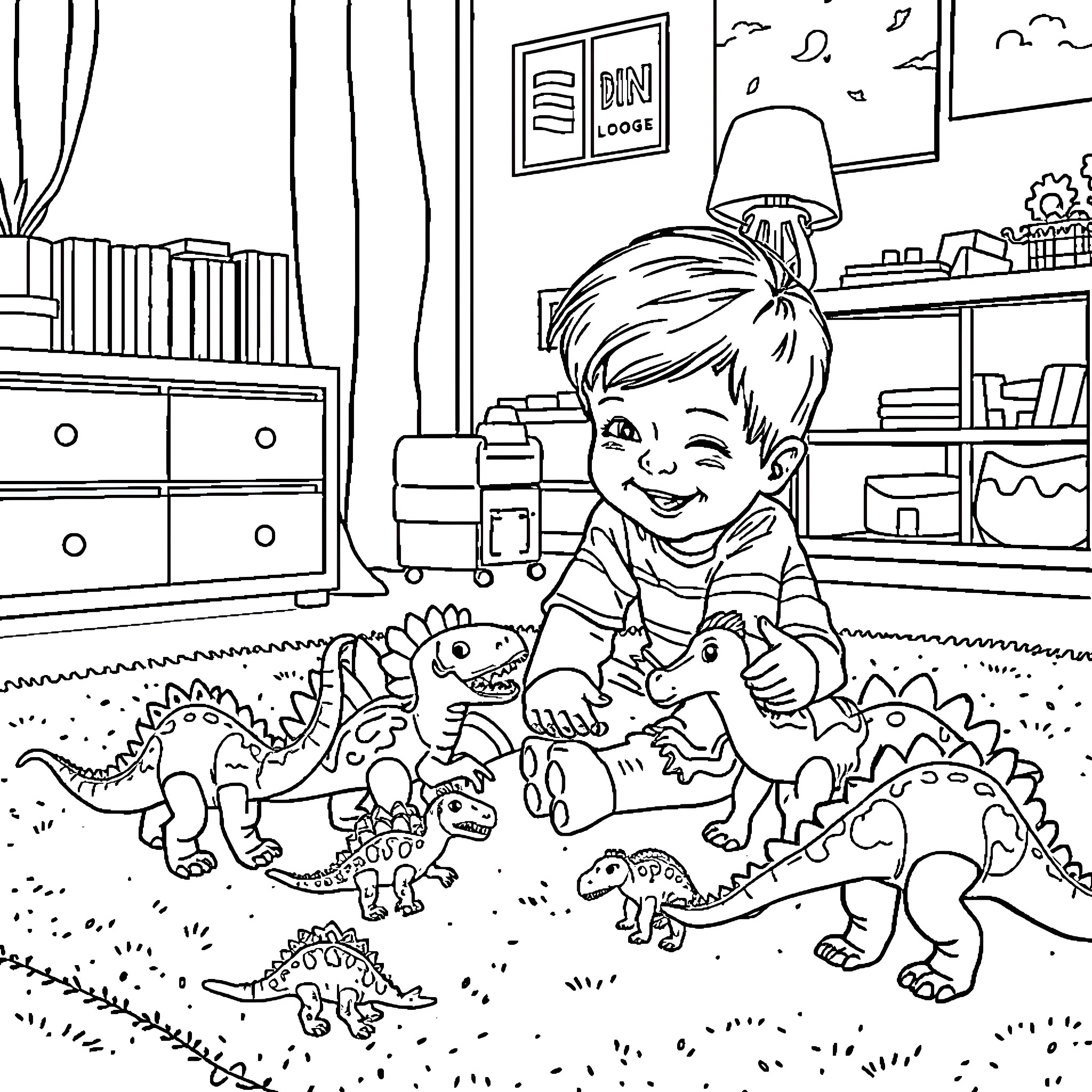 Boy playing joyfully with dinosaur toys in his room Coloring Page (free black-and-white line drawing printable PDF for all, from beginners to advanced learners, including children, teens, adults, and seniors)