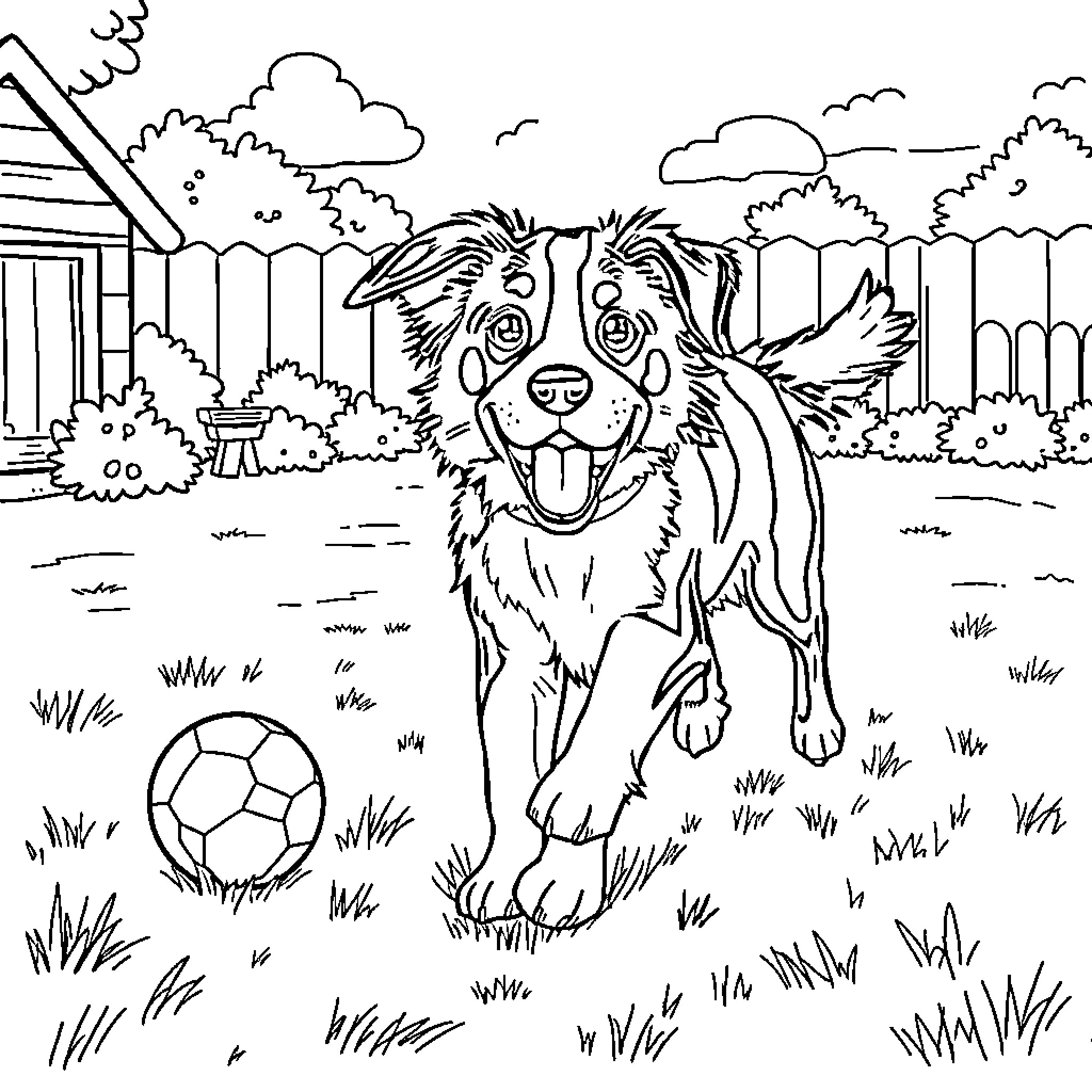 Dog playing happily with soccer ball in backyard Coloring Page (free black-and-white line drawing printable PDF for all, from beginners to advanced learners, including children, teens, adults, and seniors)