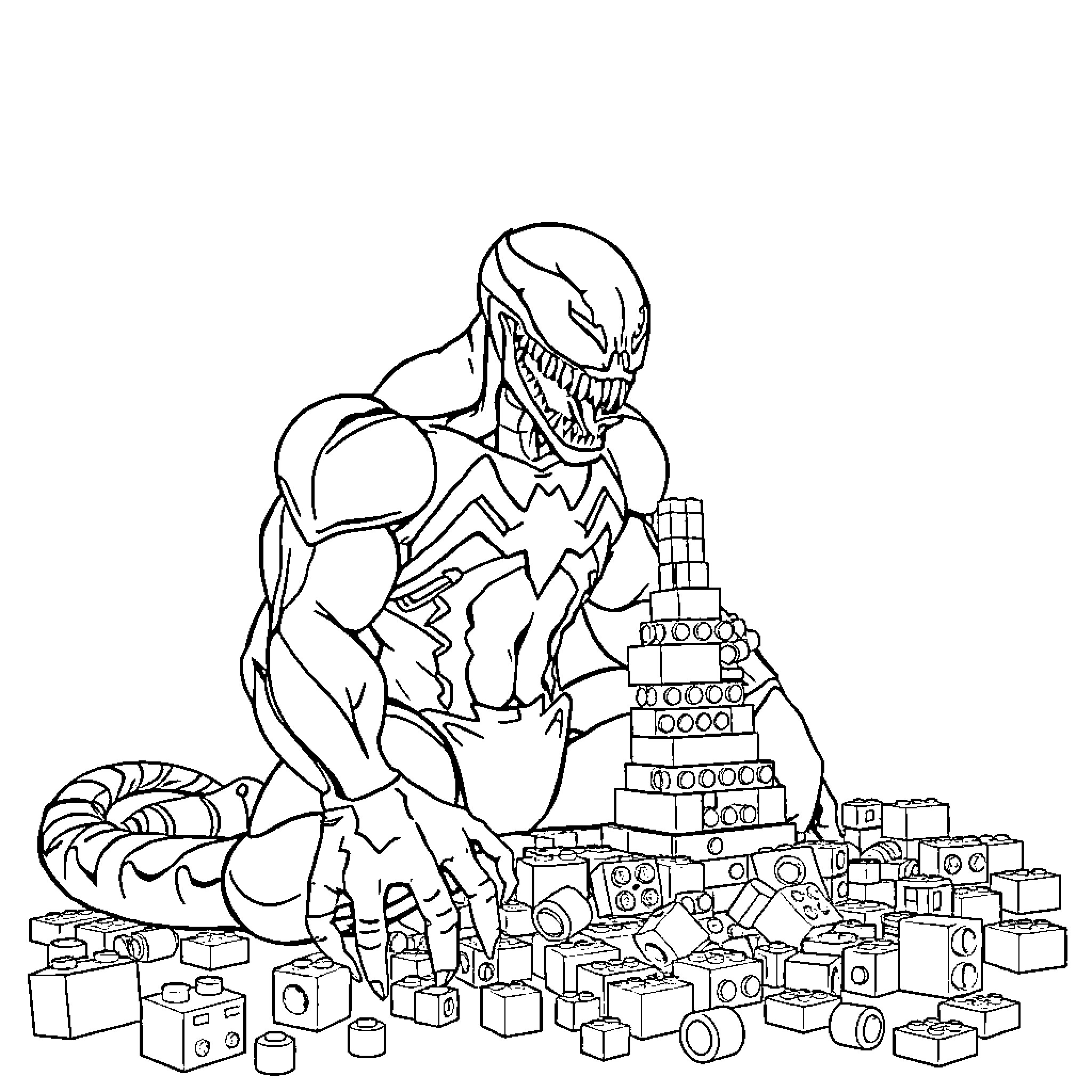 Venom Surrounded by Toy Blocks in the City Coloring Page (free black-and-white line drawing printable PDF for all, from beginners to advanced learners, including children, teens, adults, and seniors)