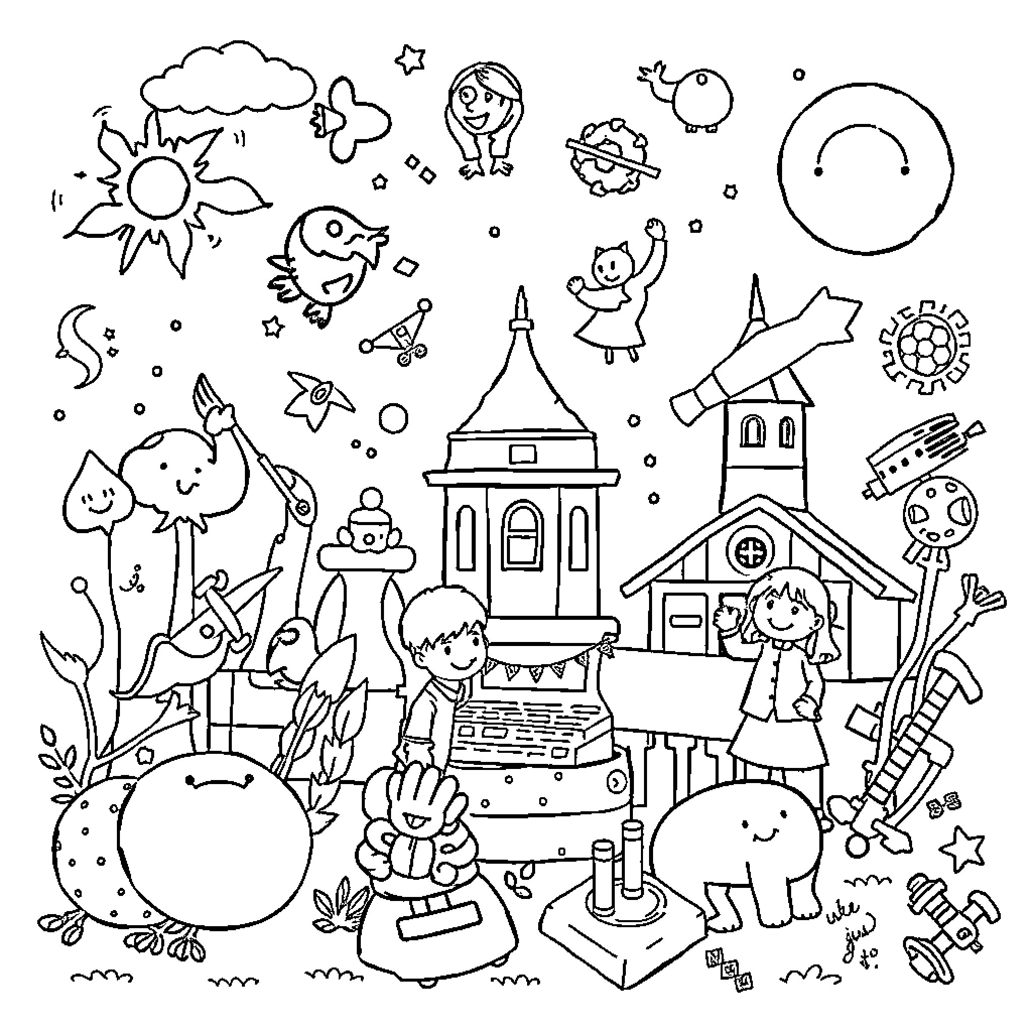 Image of a whimsical and playful cartoon scene Coloring Page (free black-and-white line drawing printable PDF for all, from beginners to advanced learners, including children, teens, adults, and seniors)