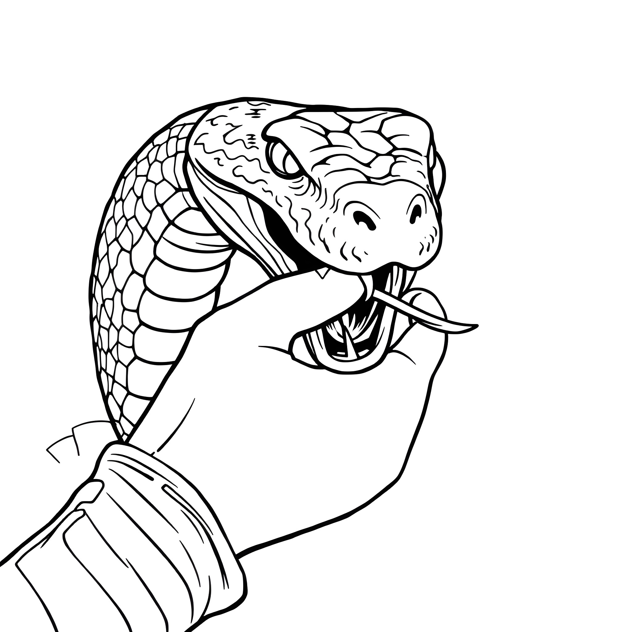 Snake about to strike from hand Coloring Page (free black-and-white line drawing printable PDF for all, from beginners to advanced learners, including children, teens, adults, and seniors)