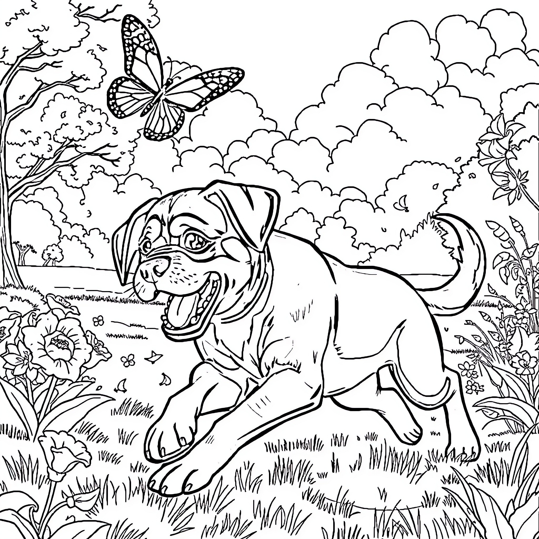 Rottweiler playing joyfully in nature's embrace Coloring Page (free black-and-white line drawing printable PDF for all, from beginners to advanced learners, including children, teens, adults, and seniors)