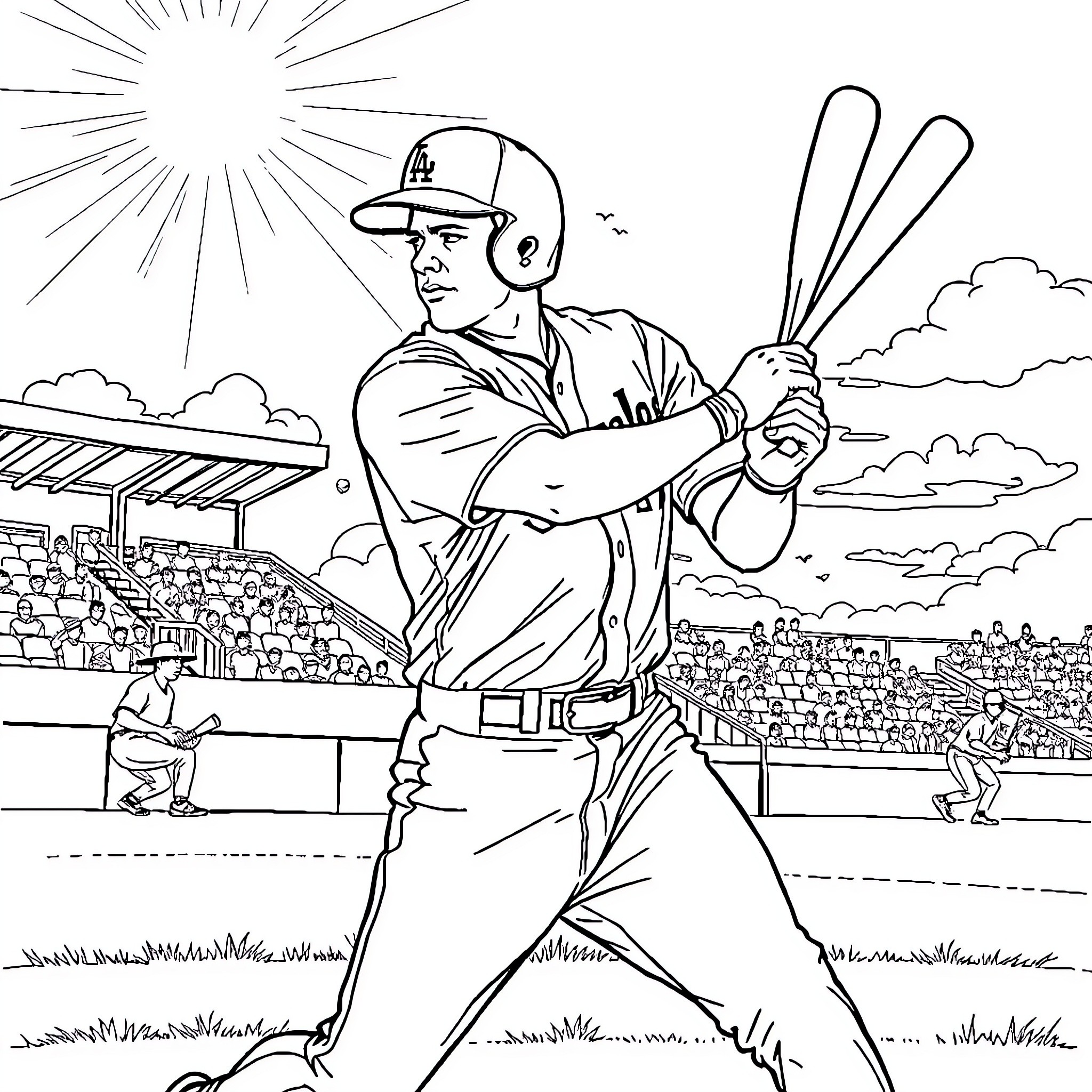 Ohtani's Swing at the Plate Coloring Page (free black-and-white line drawing printable PDF for all, from beginners to advanced learners, including children, teens, adults, and seniors)