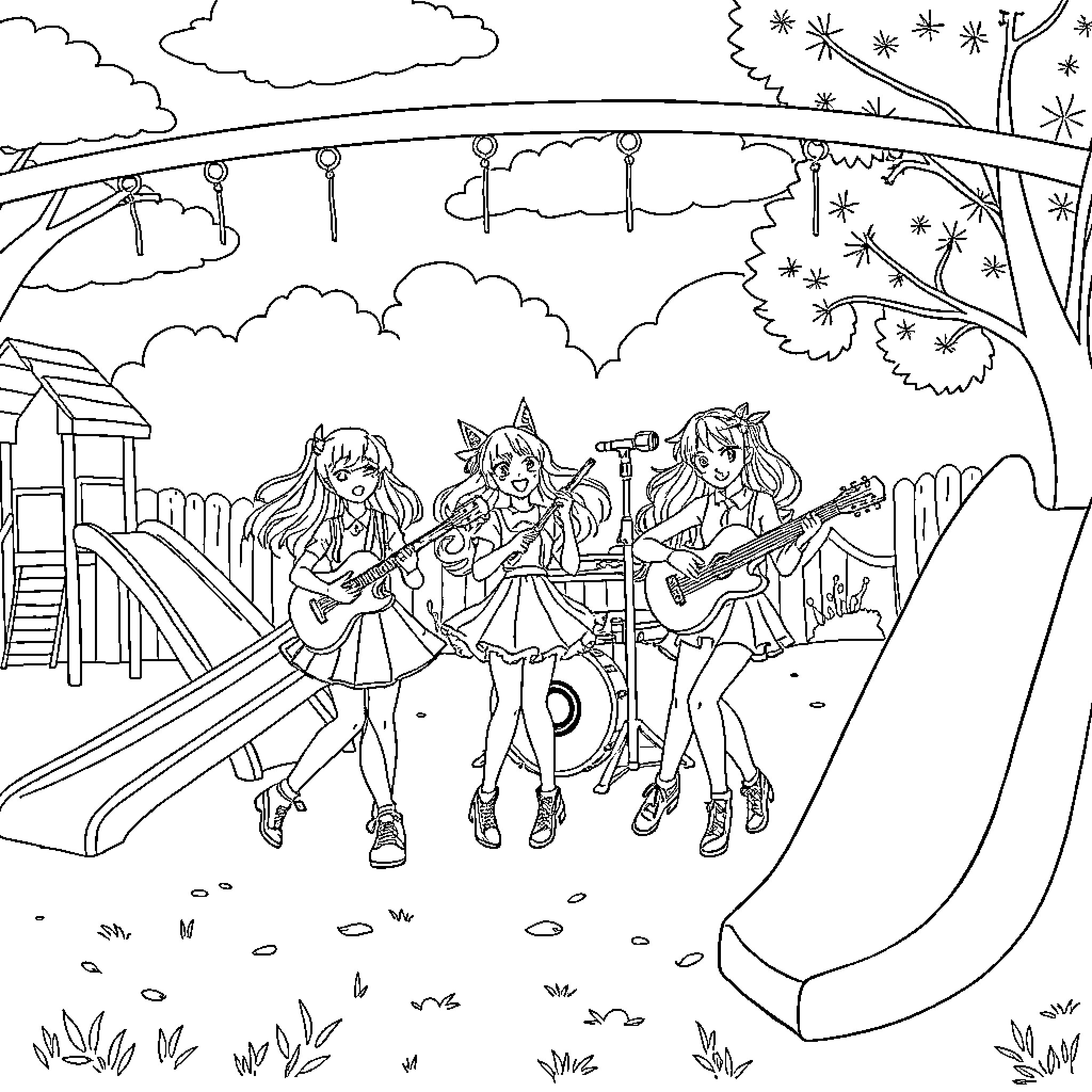 Katseye Trio Performing on Playground Coloring Page (free black-and-white line drawing printable PDF for all, from beginners to advanced learners, including children, teens, adults, and seniors)