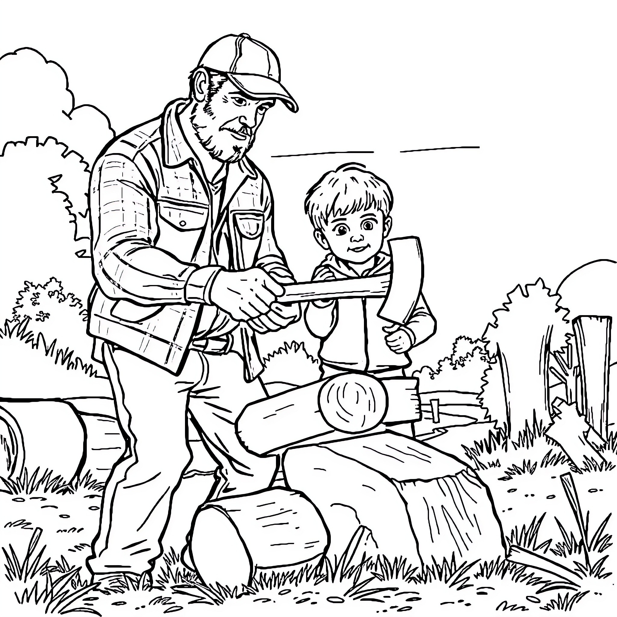 Dad and son bonding during outdoor work Coloring Page (free black-and-white line drawing printable PDF for all, from beginners to advanced learners, including children, teens, adults, and seniors)