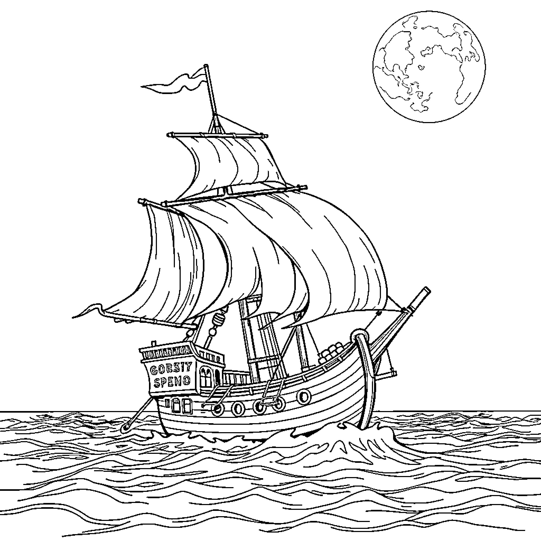 Pirate Ship Sailing the Seas at Night Coloring Page (free black-and-white line drawing printable PDF for all, from beginners to advanced learners, including children, teens, adults, and seniors)