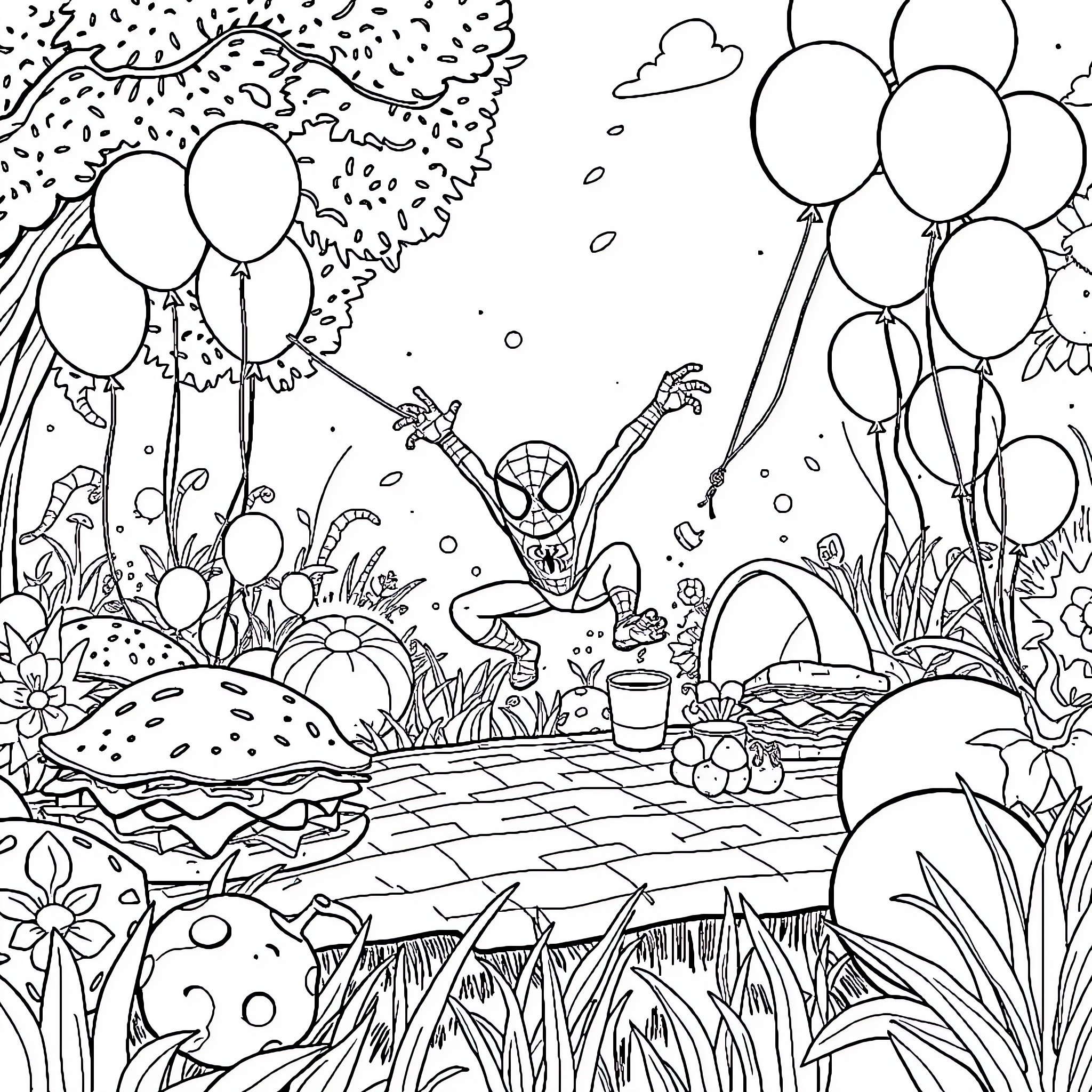 Spiderman Enjoying a Festive Outdoor Celebration Coloring Page (free black-and-white line drawing printable PDF for all, from beginners to advanced learners, including children, teens, adults, and seniors)