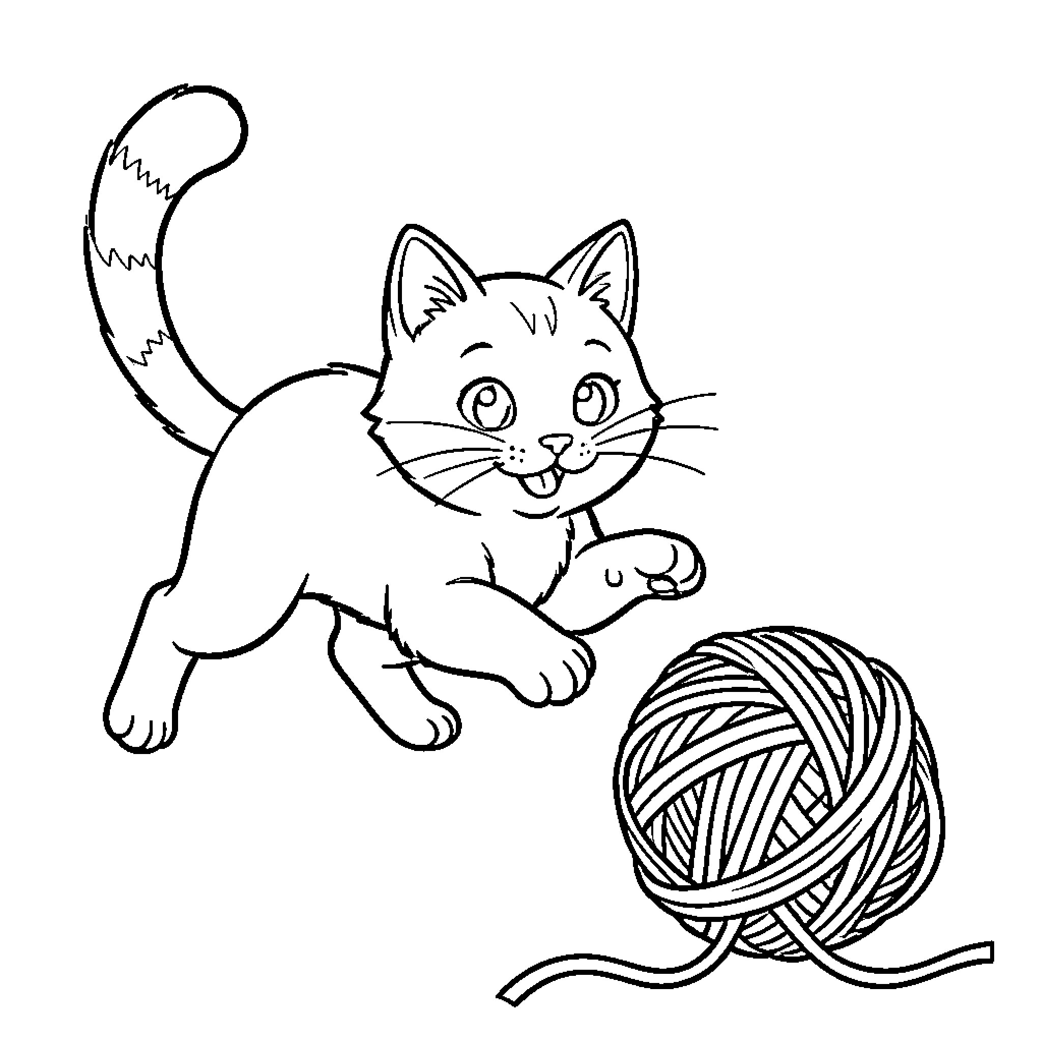 Cat playing with a ball of yarn Coloring Page (free black-and-white line drawing printable PDF for all, from beginners to advanced learners, including children, teens, adults, and seniors)
