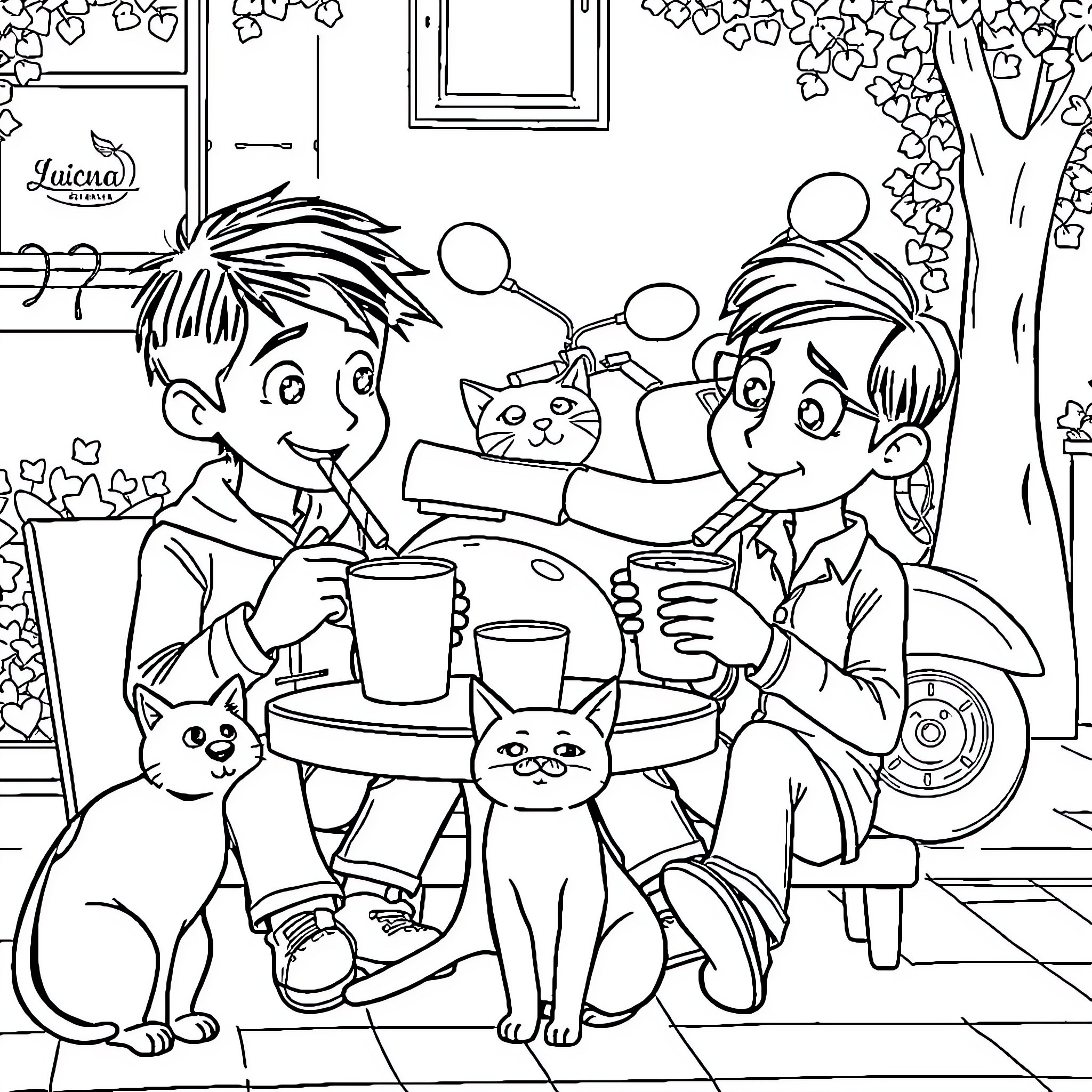 Luca and friends enjoying a cozy cafe moment Coloring Page (free black-and-white line drawing printable PDF for all, from beginners to advanced learners, including children, teens, adults, and seniors)