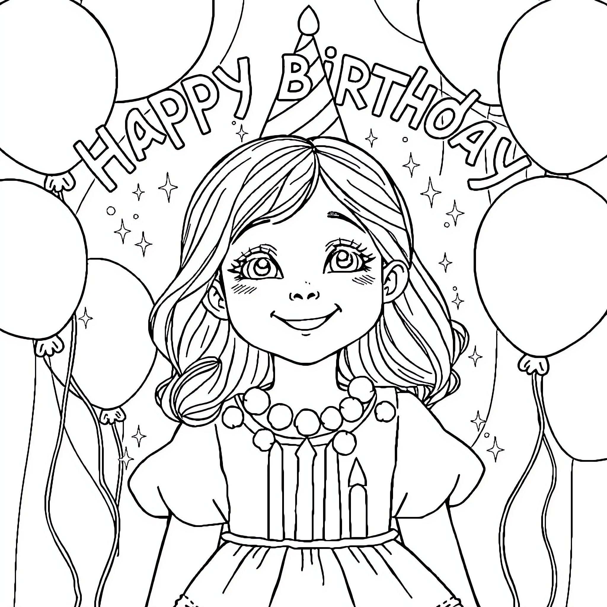 Fille celebrating a joyous birthday with balloons Coloring Page (free black-and-white line drawing printable PDF for all, from beginners to advanced learners, including children, teens, adults, and seniors)