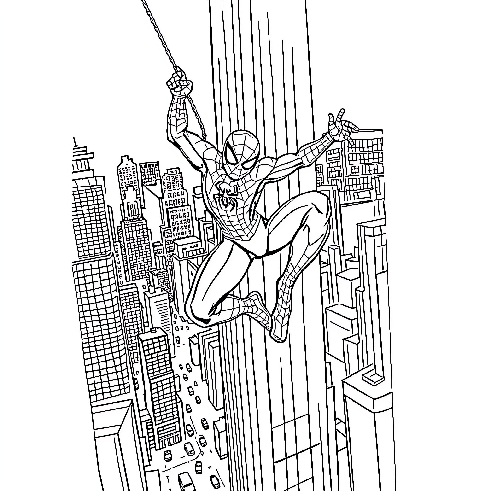 Spider-Man swinging through the city skyline Coloring Page (free black-and-white line drawing printable PDF for all, from beginners to advanced learners, including children, teens, adults, and seniors)