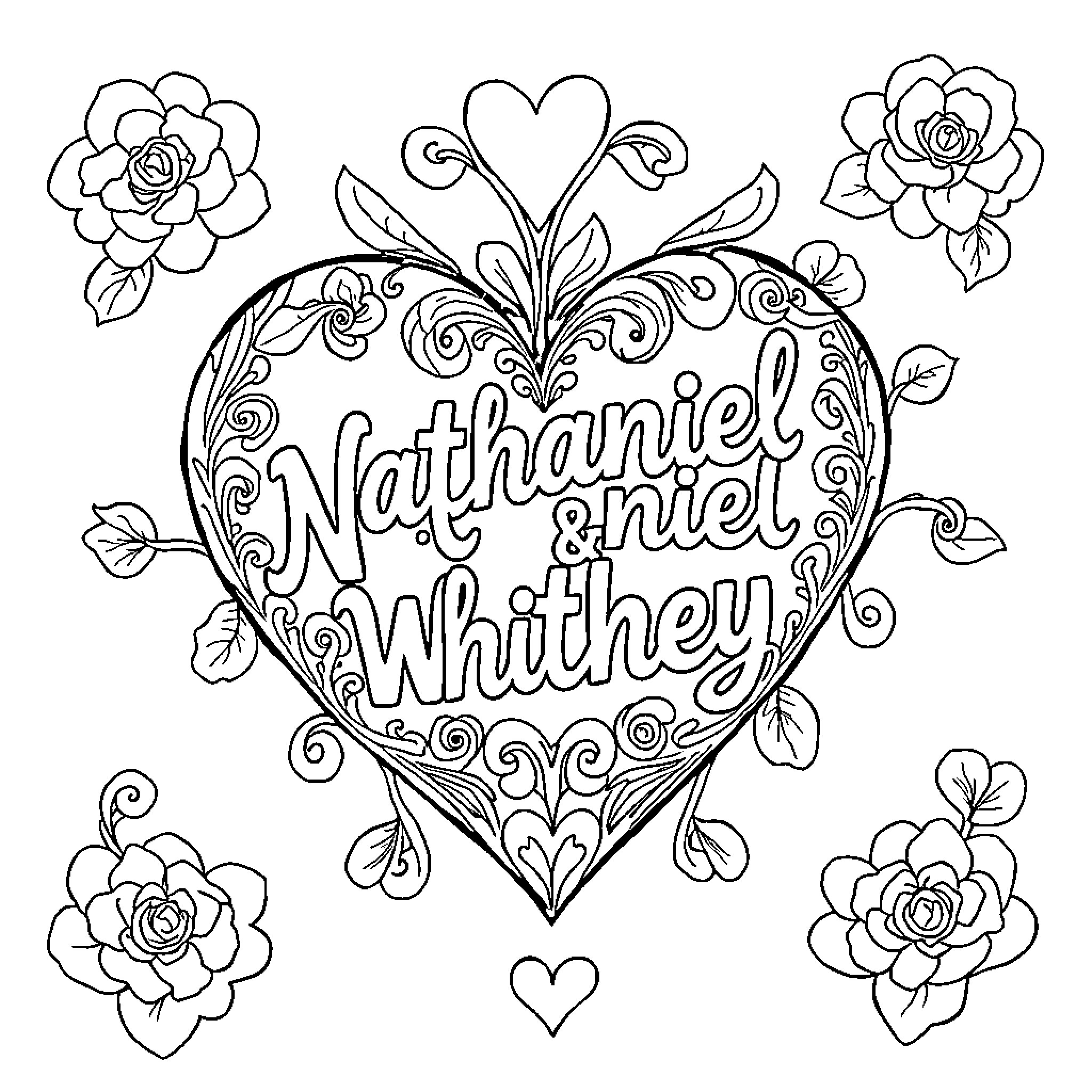 Heart-shaped Floral Personalized Artwork Coloring Page (free black-and-white line drawing printable PDF for all, from beginners to advanced learners, including children, teens, adults, and seniors)