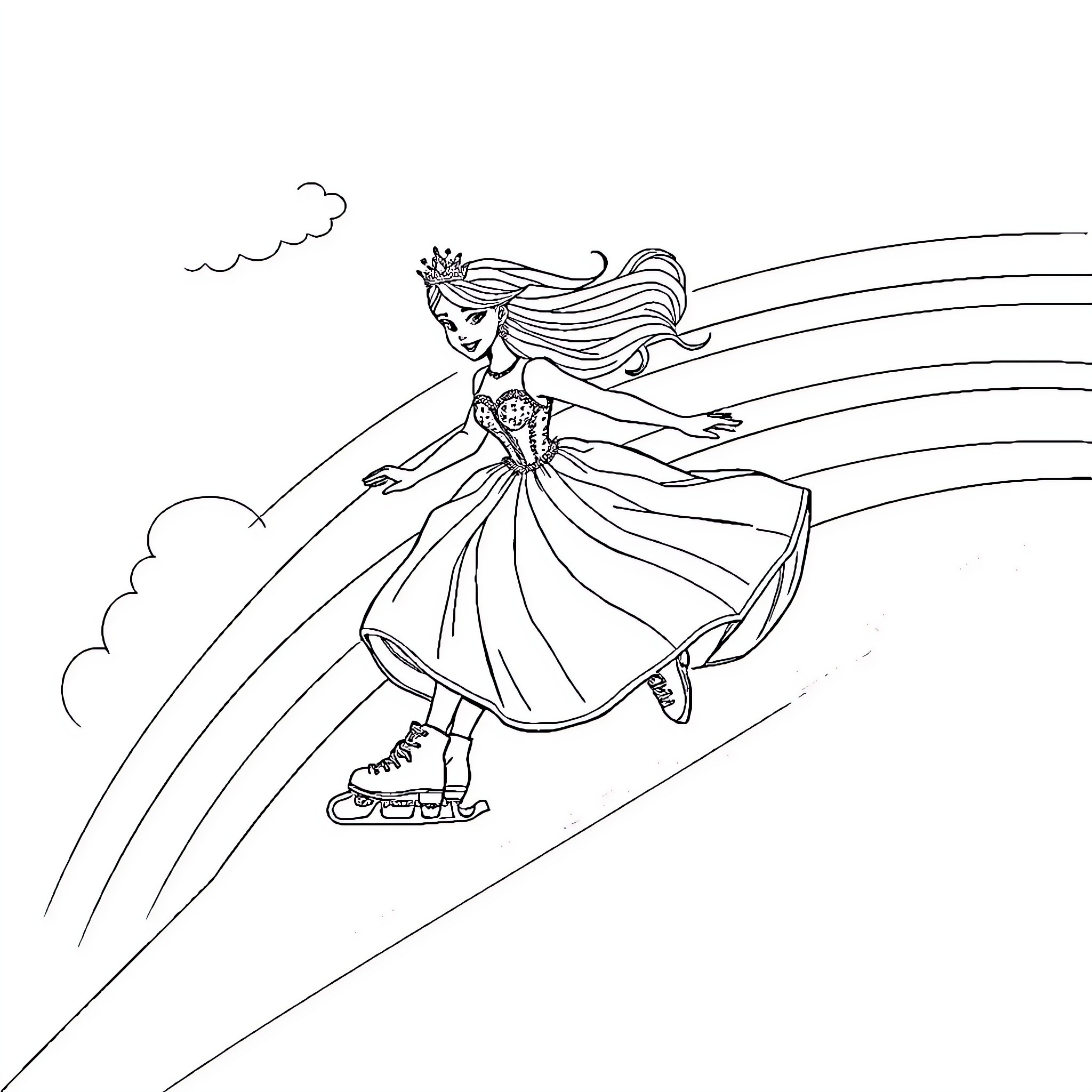 Princess gracefully skating in the winter wonderland Coloring Page (free black-and-white line drawing printable PDF for all, from beginners to advanced learners, including children, teens, adults, and seniors)