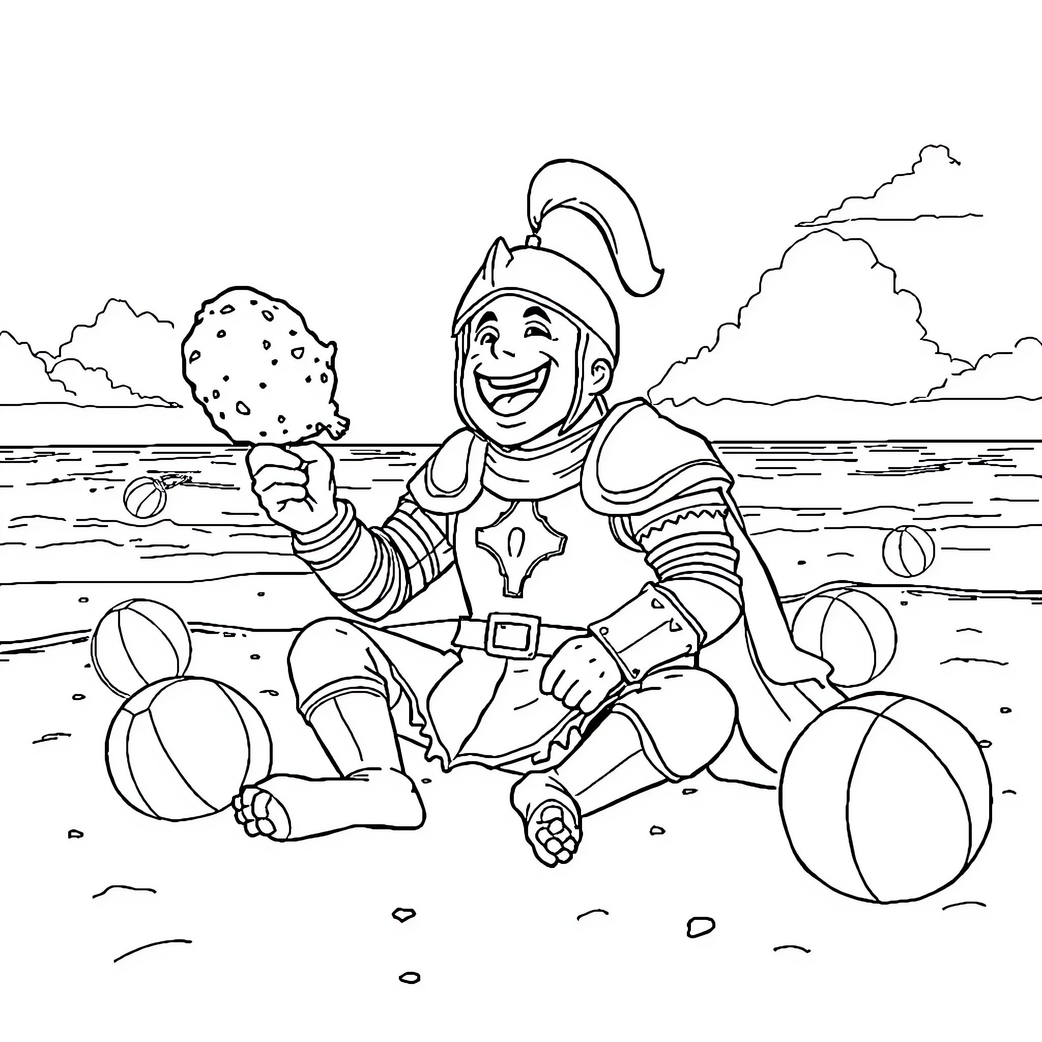 Knight's Playful Beach Adventure Coloring Page (free black-and-white line drawing printable PDF for all, from beginners to advanced learners, including children, teens, adults, and seniors)