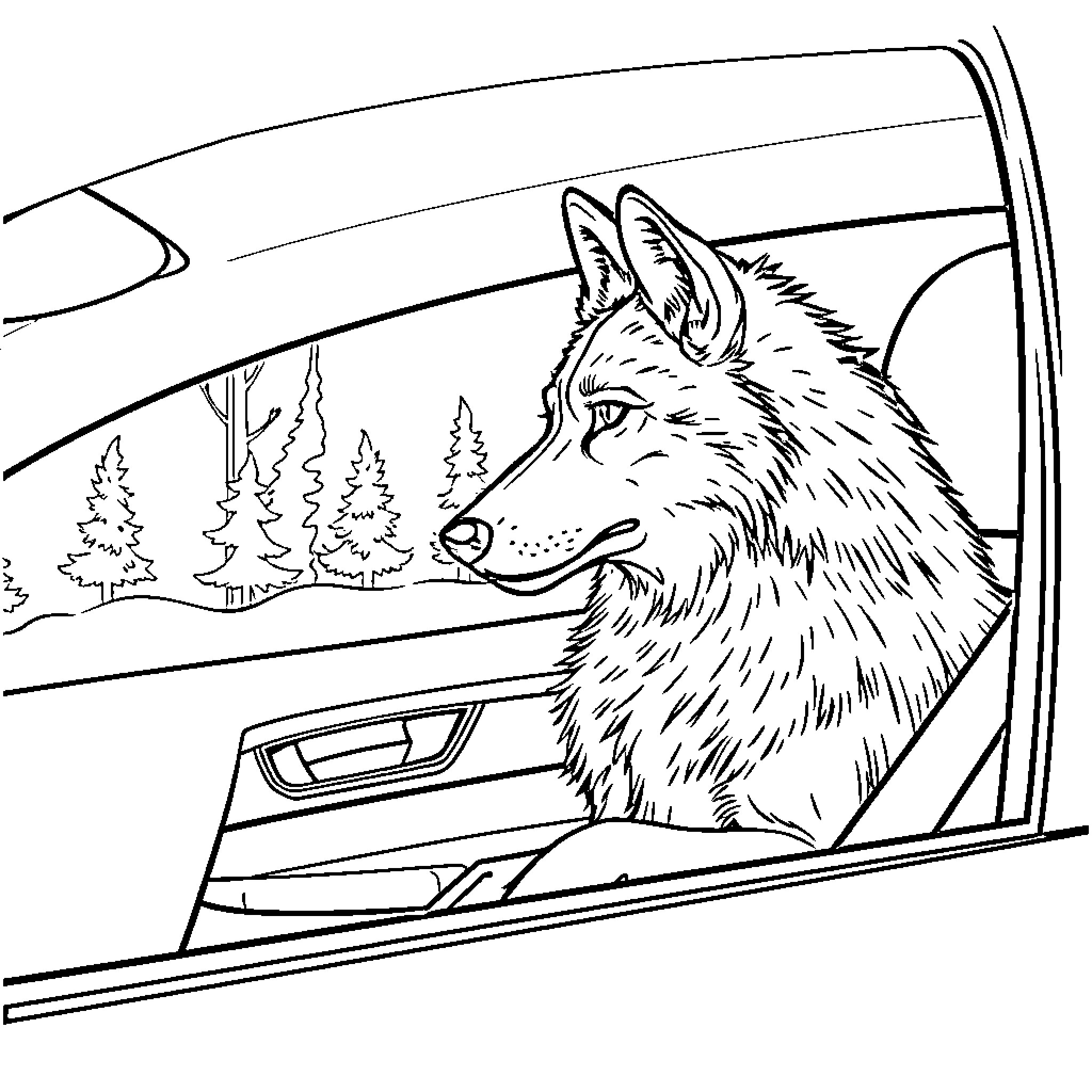 Wolf riding in a vehicle through scenic landscape Coloring Page (free black-and-white line drawing printable PDF for all, from beginners to advanced learners, including children, teens, adults, and seniors)