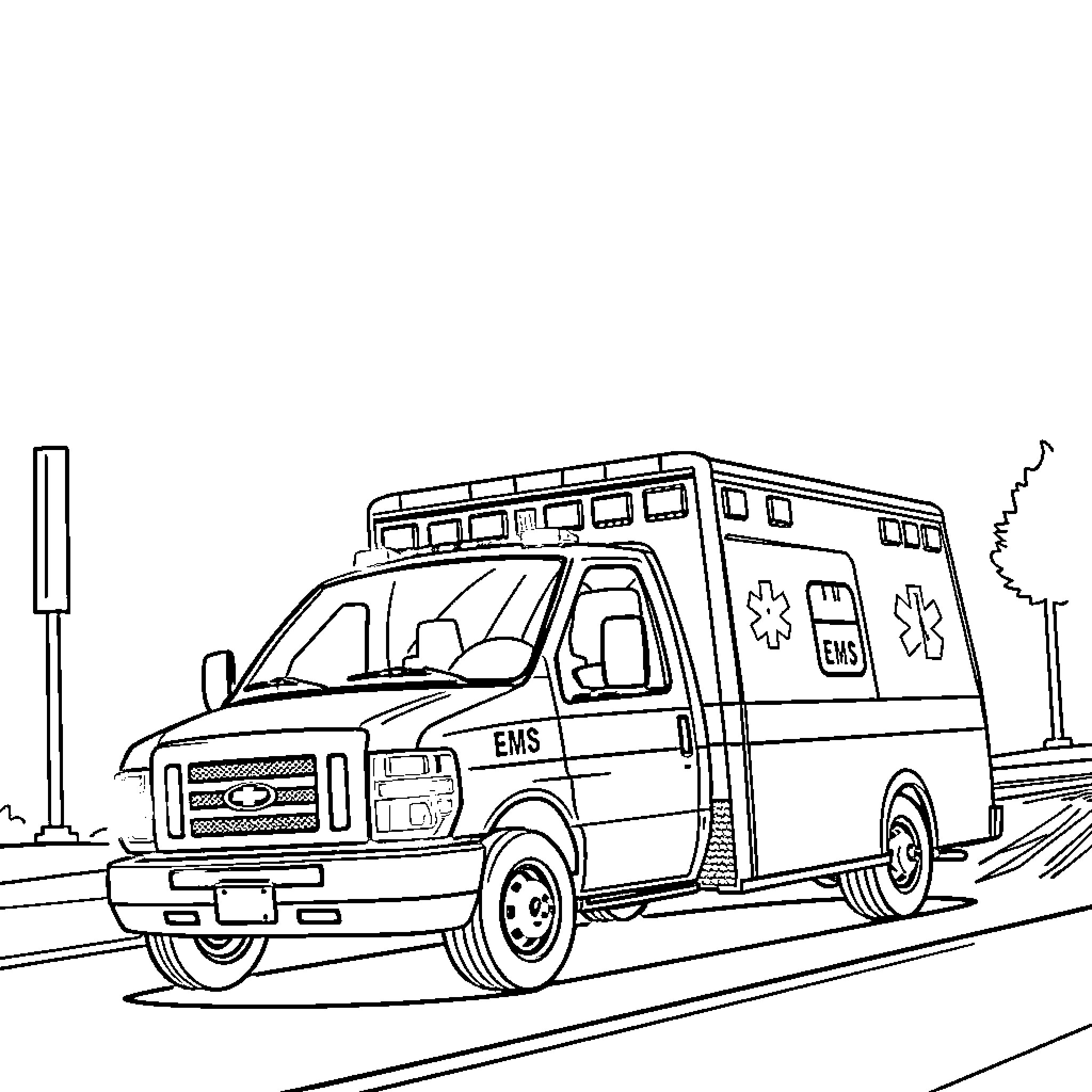 Ambulance vehicle responding to emergency call Coloring Page (free black-and-white line drawing printable PDF for all, from beginners to advanced learners, including children, teens, adults, and seniors)
