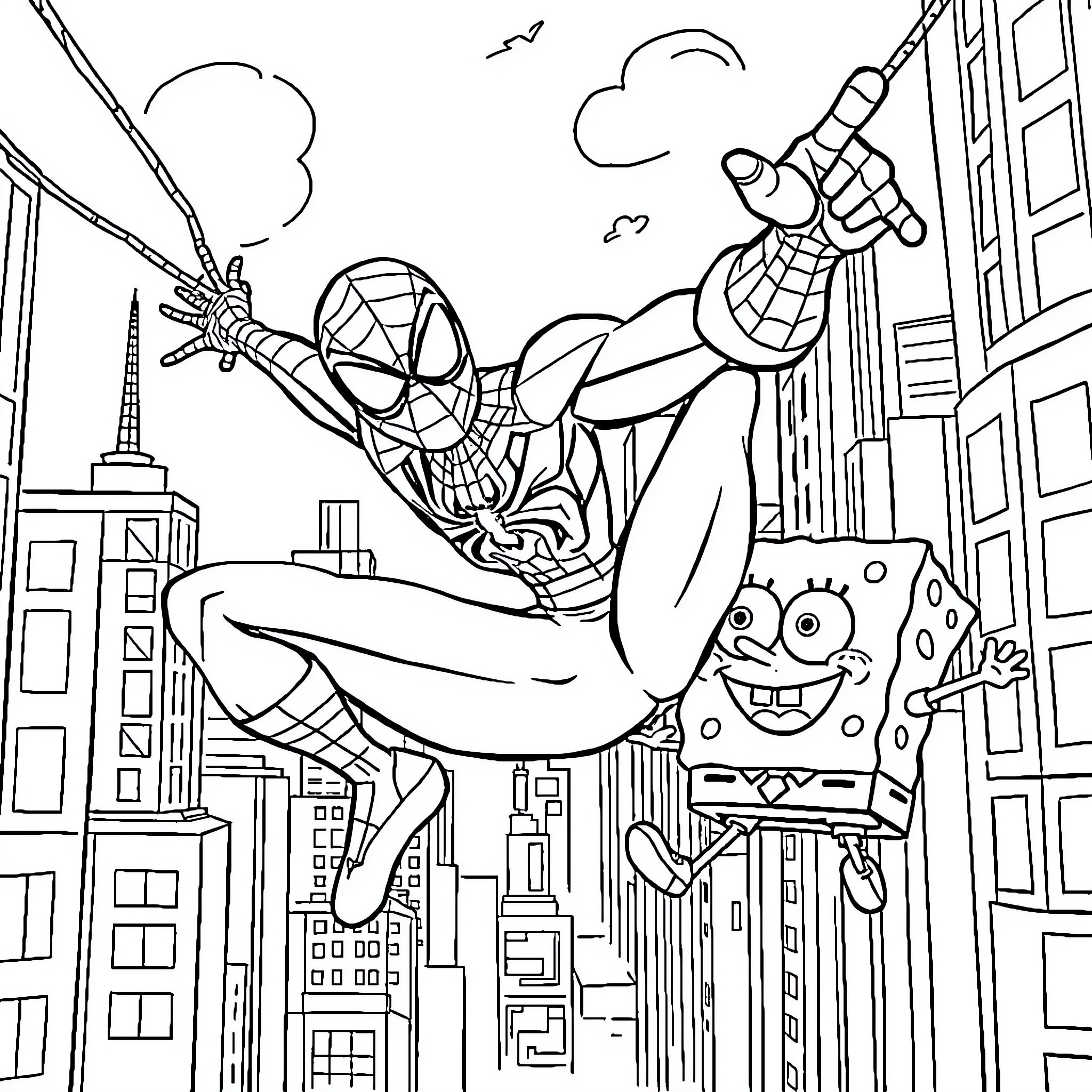 Spider-Man swinging through the city with SpongeBob Coloring Page (free black-and-white line drawing printable PDF for all, from beginners to advanced learners, including children, teens, adults, and seniors)