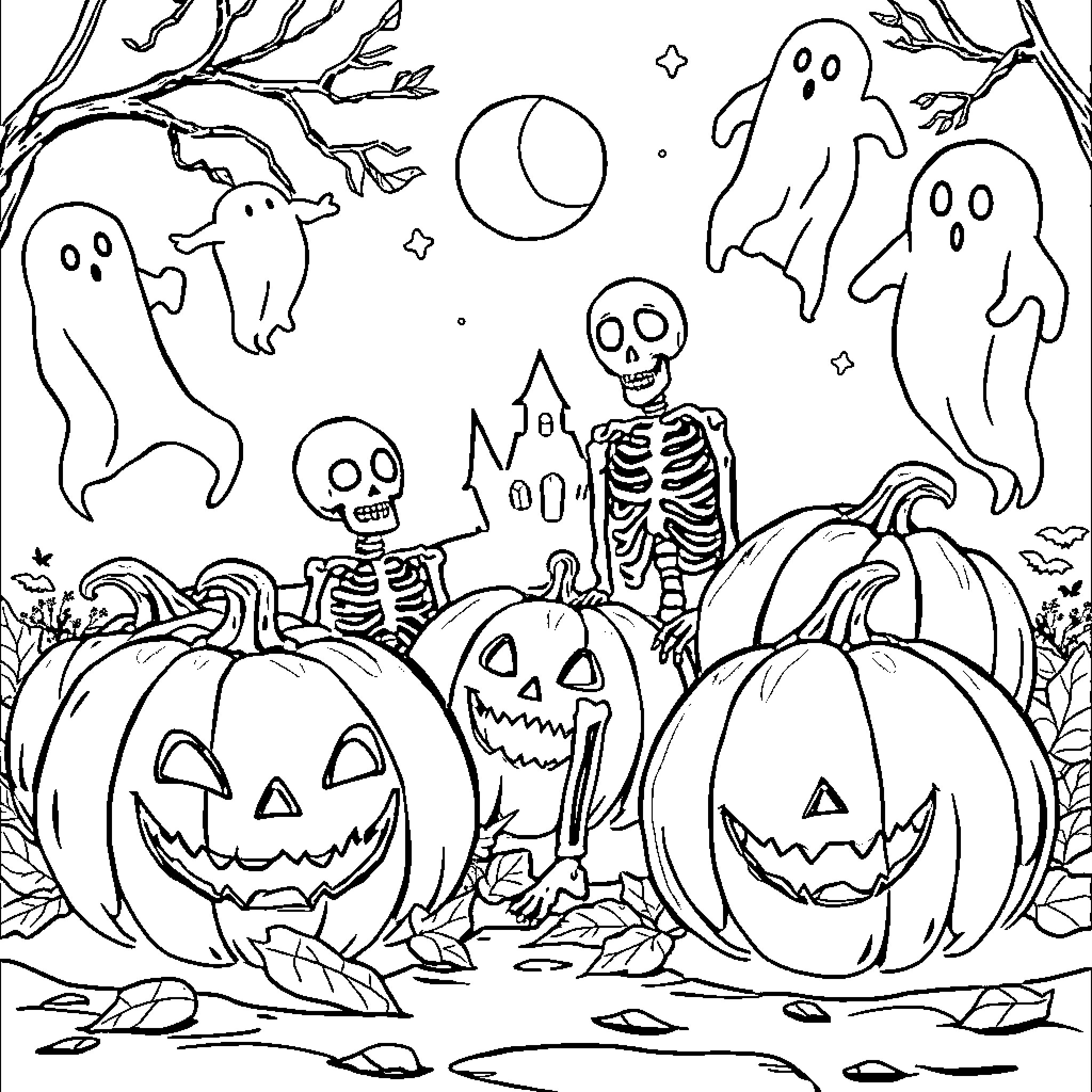 Pumpkin Patch with Spooky Ghosts and Skeleton Coloring Page (free black-and-white line drawing printable PDF for all, from beginners to advanced learners, including children, teens, adults, and seniors)