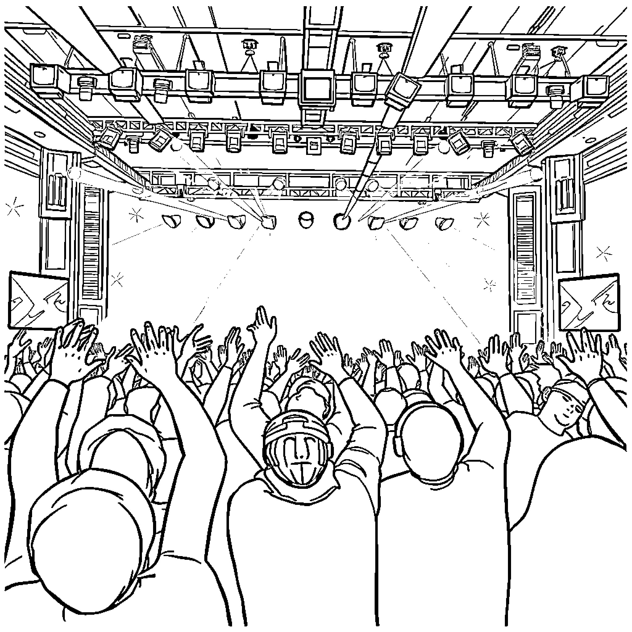 BTS Crowd Cheering Excitedly at a Performance Coloring Page (free black-and-white line drawing printable PDF for all, from beginners to advanced learners, including children, teens, adults, and seniors)