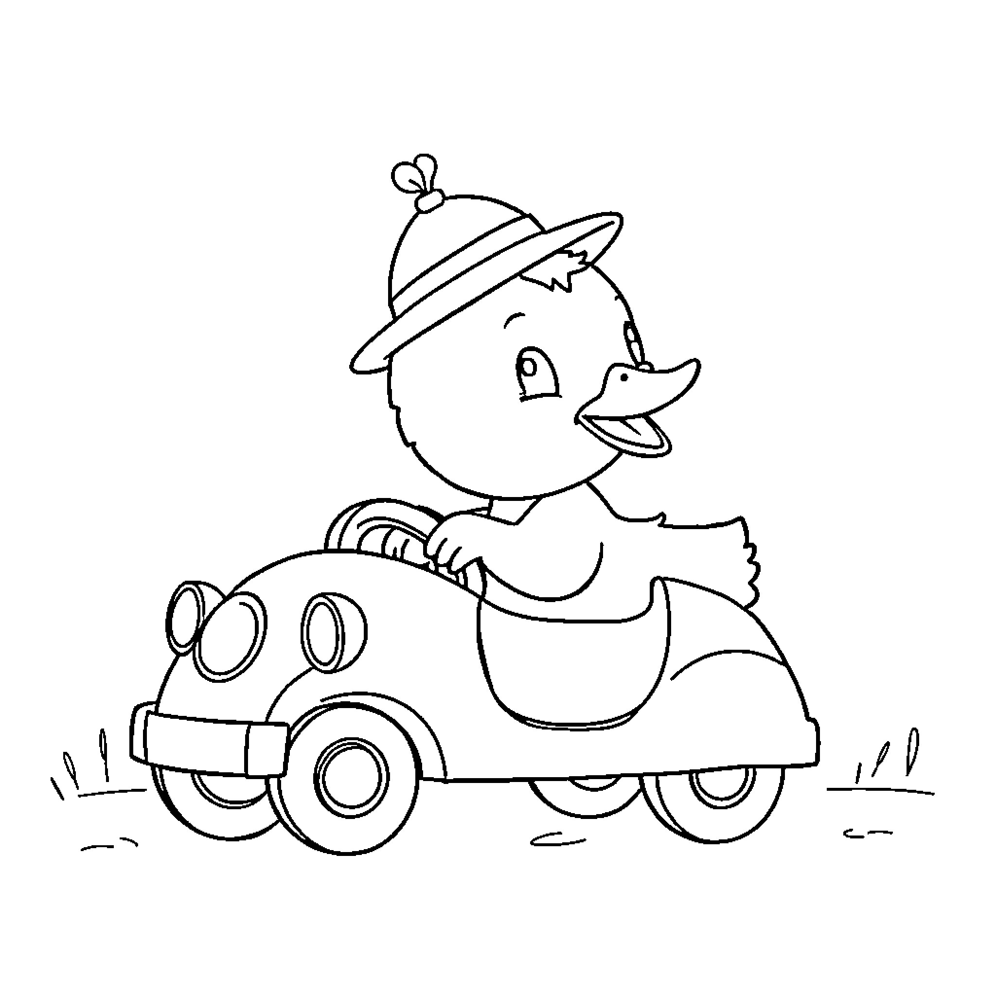 Duck driving a toy car happily Coloring Page (free black-and-white line drawing printable PDF for all, from beginners to advanced learners, including children, teens, adults, and seniors)