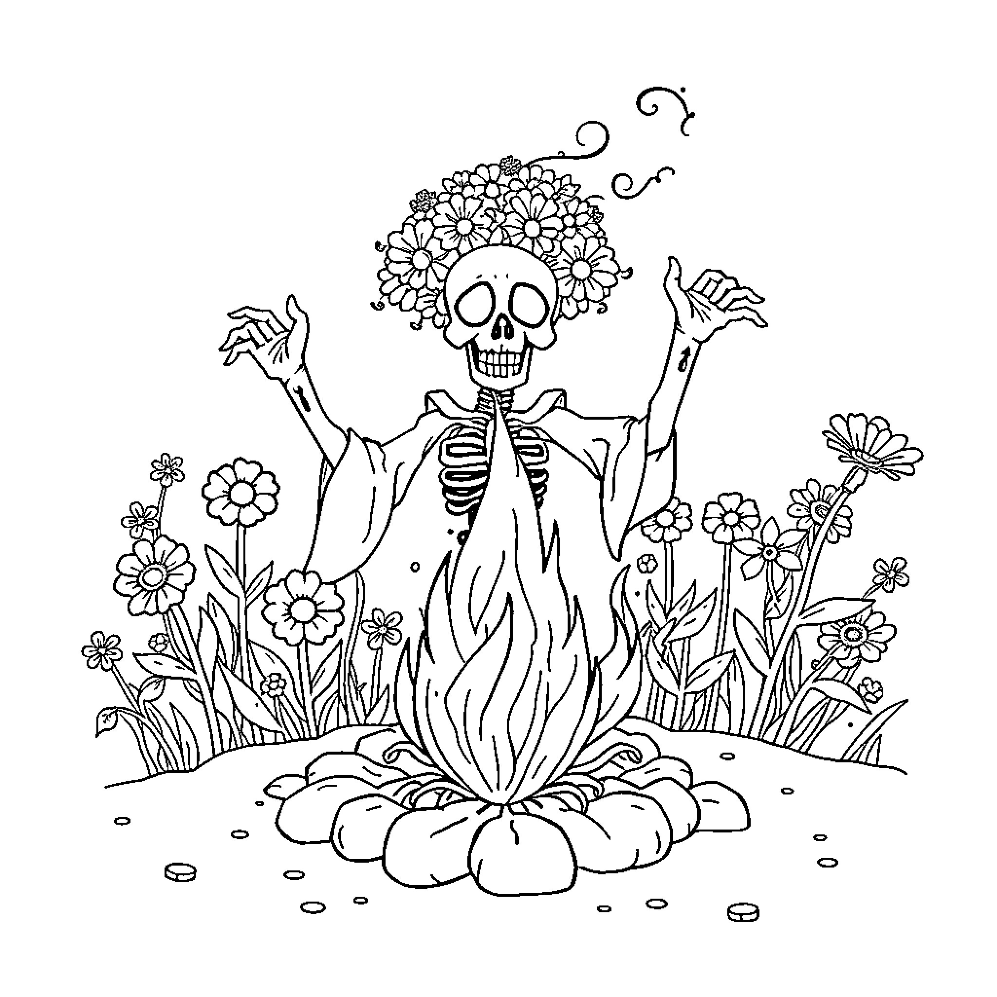 Deadhead dancing joyfully among flowers Coloring Page (free black-and-white line drawing printable PDF for all, from beginners to advanced learners, including children, teens, adults, and seniors)