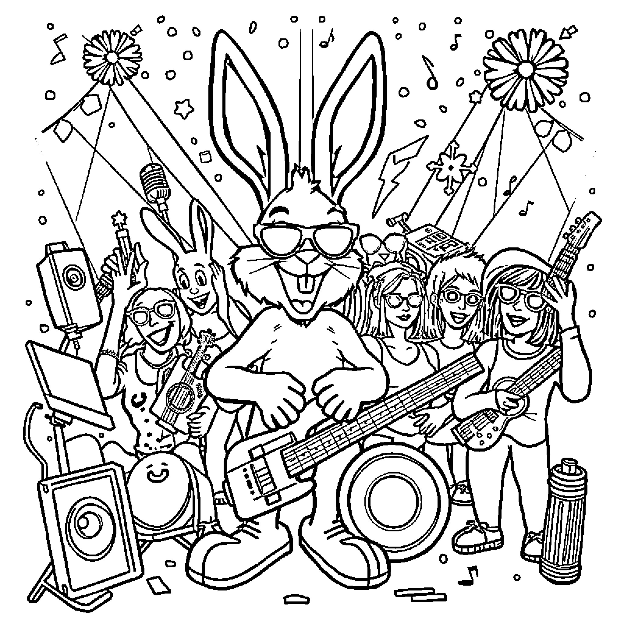 Bad Bunny and his Colorful Crew Coloring Page (free black-and-white line drawing printable PDF for all, from beginners to advanced learners, including children, teens, adults, and seniors)
