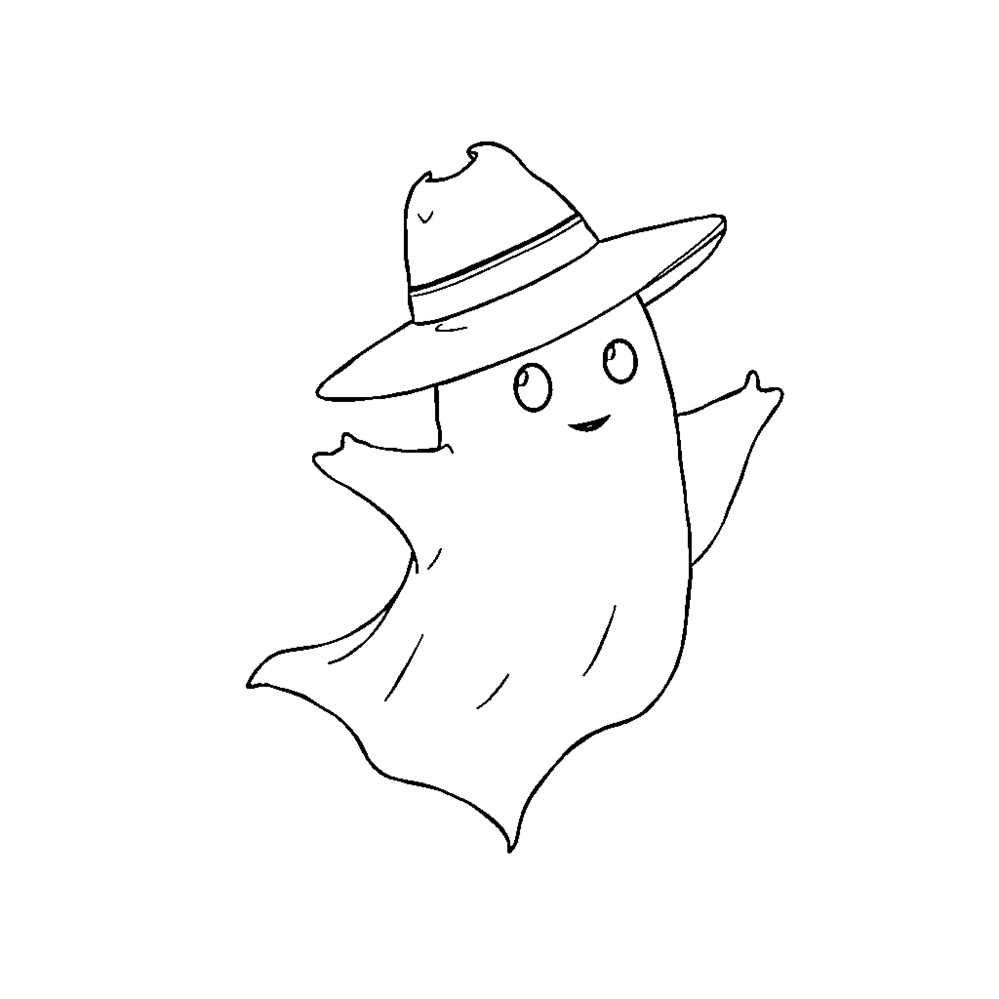 Ghost wearing a Cowboy Hat having Fun Coloring Page (free black-and-white line drawing printable PDF for all, from beginners to advanced learners, including children, teens, adults, and seniors)