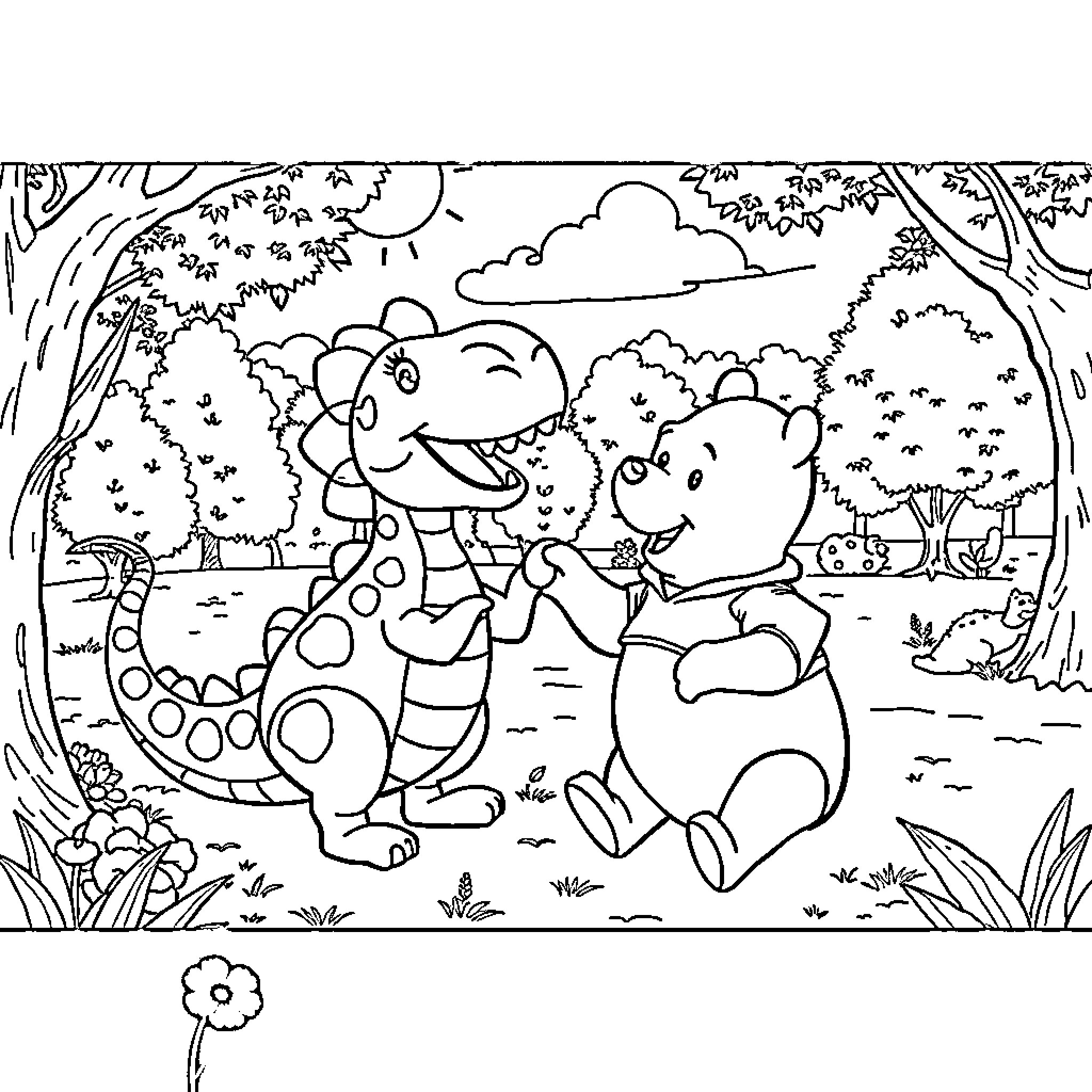 Dinosaur friends playing in the forest Coloring Page (free black-and-white line drawing printable PDF for all, from beginners to advanced learners, including children, teens, adults, and seniors)