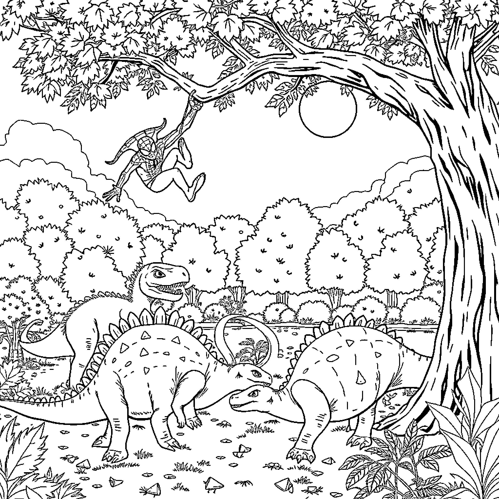 Dinosaur family exploring the prehistoric landscape Coloring Page (free black-and-white line drawing printable PDF for all, from beginners to advanced learners, including children, teens, adults, and seniors)