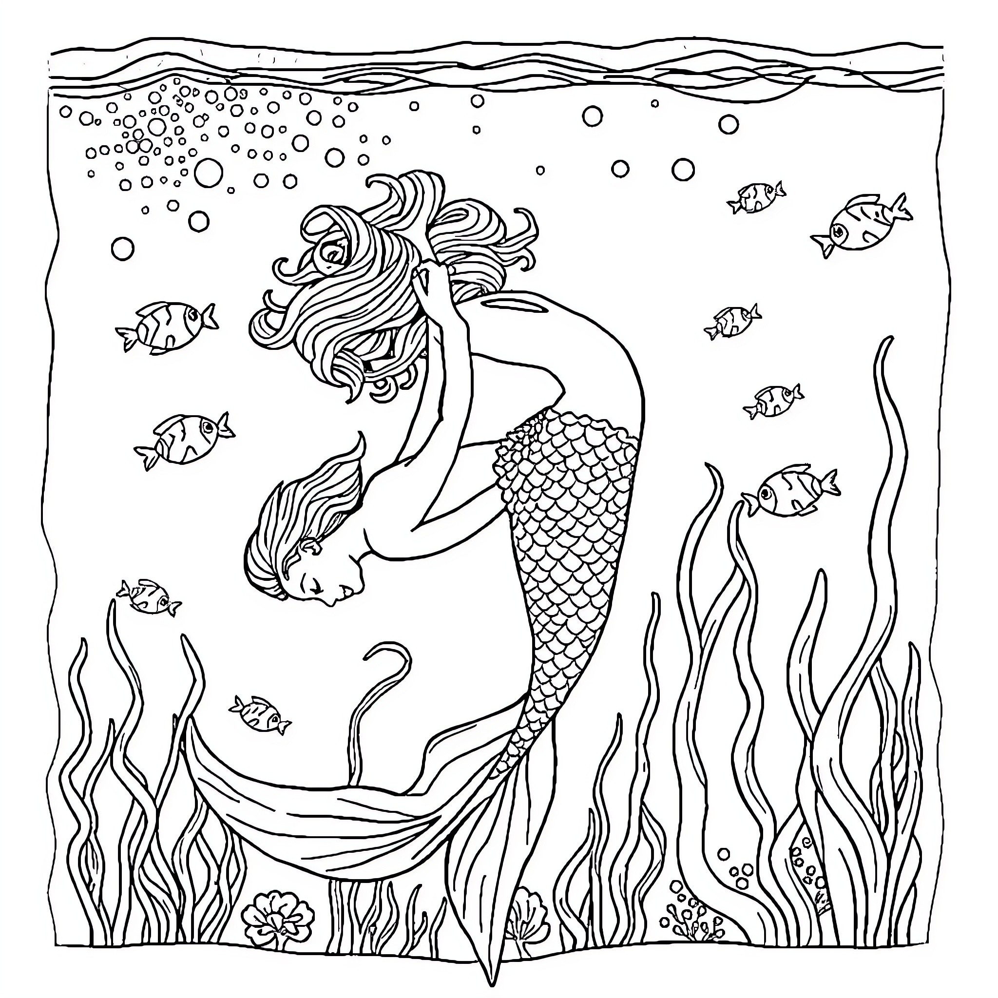 Mermaid swimming gracefully among marine life Coloring Page (free black-and-white line drawing printable PDF for all, from beginners to advanced learners, including children, teens, adults, and seniors)