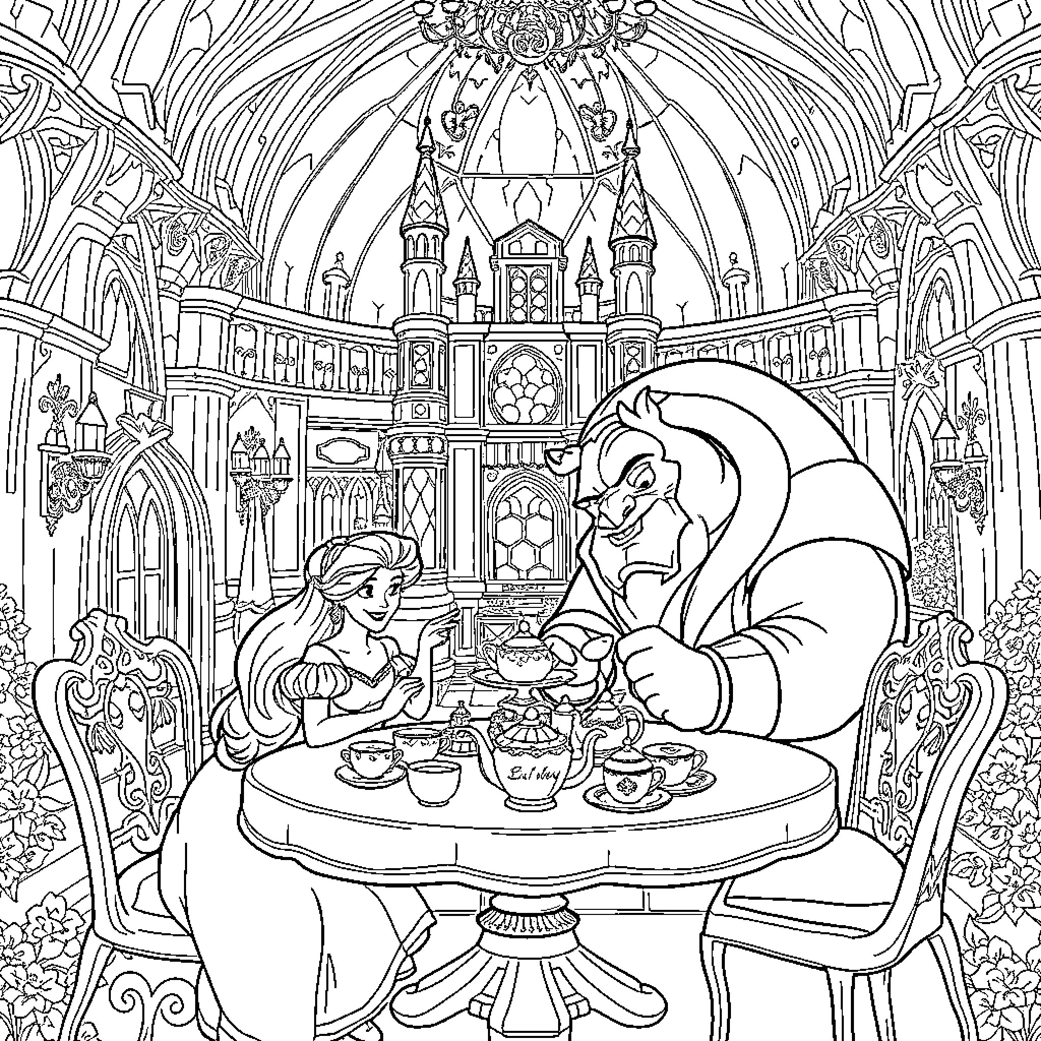 Beauty and the Beast sharing tea in a magical castle Coloring Page (free black-and-white line drawing printable PDF for all, from beginners to advanced learners, including children, teens, adults, and seniors)