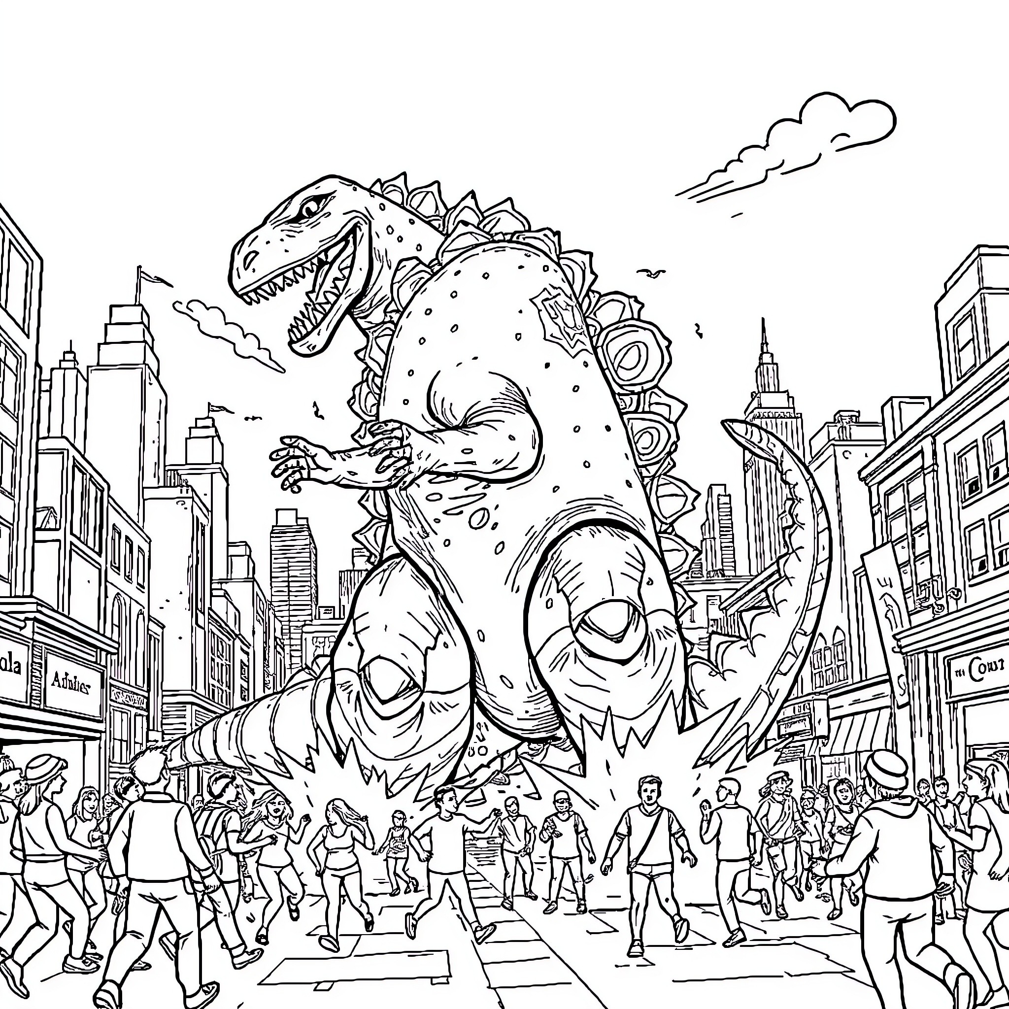 Taco the Giant Monster Rampaging through the City Coloring Page (free black-and-white line drawing printable PDF for all, from beginners to advanced learners, including children, teens, adults, and seniors)