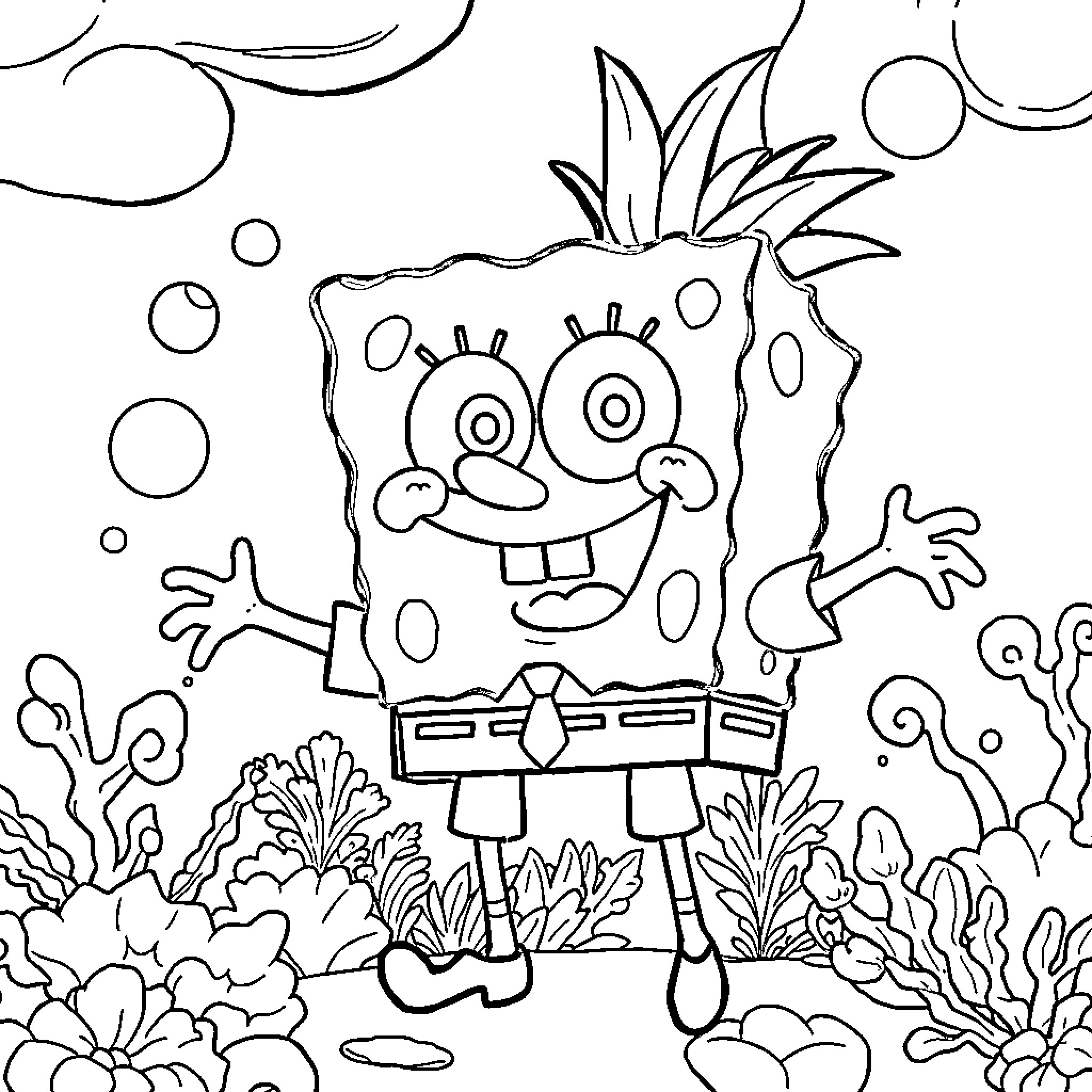 Spongebob enjoying the underwater world Coloring Page (free black-and-white line drawing printable PDF for all, from beginners to advanced learners, including children, teens, adults, and seniors)