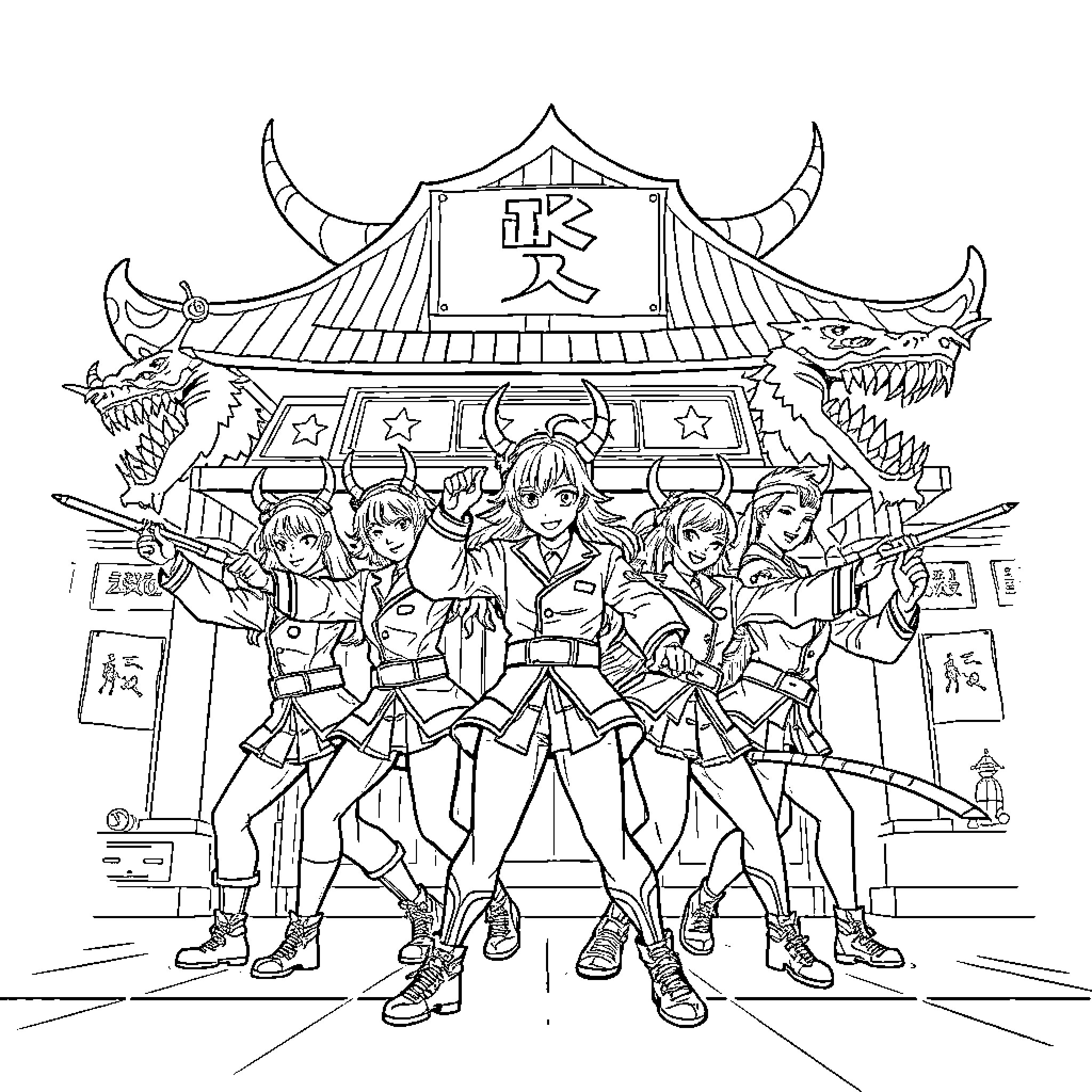Demon-themed group of anime characters in heroic poses Coloring Page (free black-and-white line drawing printable PDF for all, from beginners to advanced learners, including children, teens, adults, and seniors)