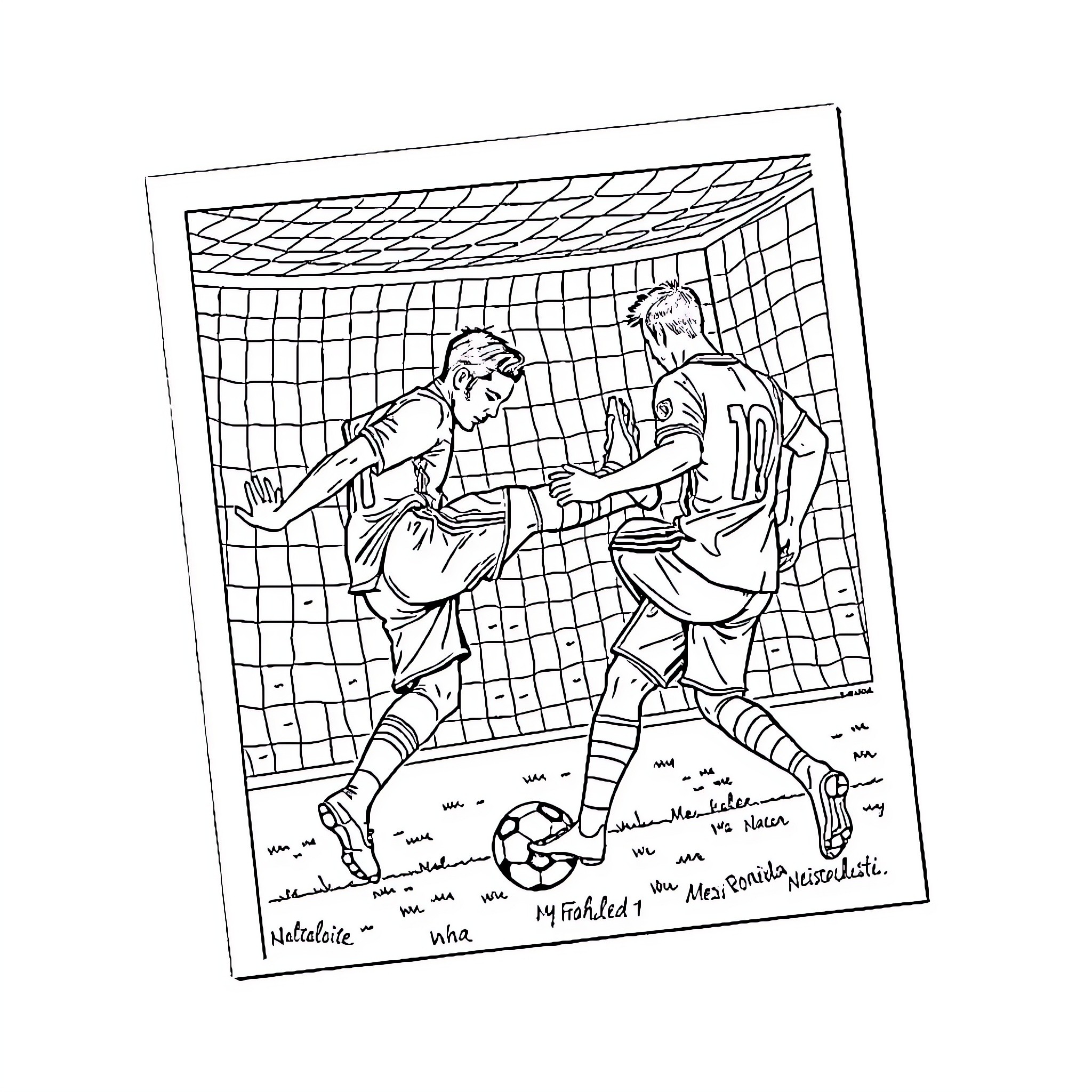 Ronaldo and Teammates Battling for Ball in Soccer Match Coloring Page (free black-and-white line drawing printable PDF for all, from beginners to advanced learners, including children, teens, adults, and seniors)