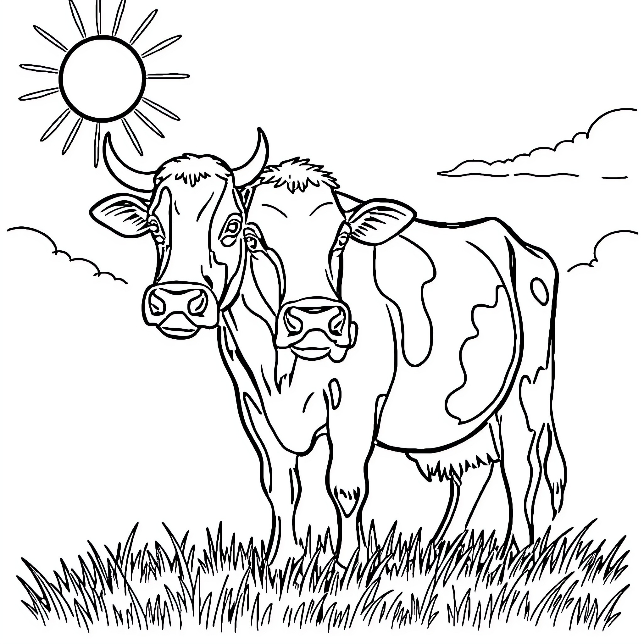 Cow Grazing in the Sunny Meadow Coloring Page (free black-and-white line drawing printable PDF for all, from beginners to advanced learners, including children, teens, adults, and seniors)