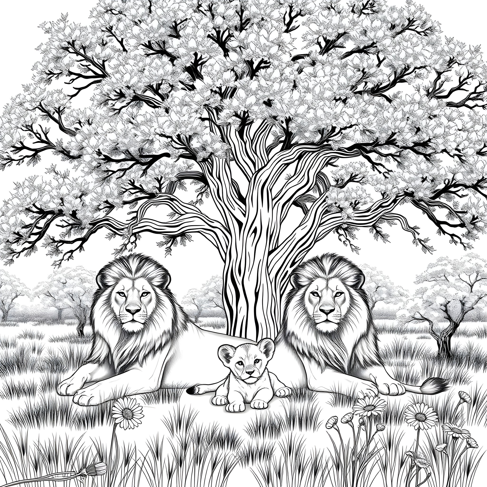 Lion Family Resting Under Blooming Tree Coloring Page (free black-and-white line drawing printable PDF for all, from beginners to advanced learners, including children, teens, adults, and seniors)