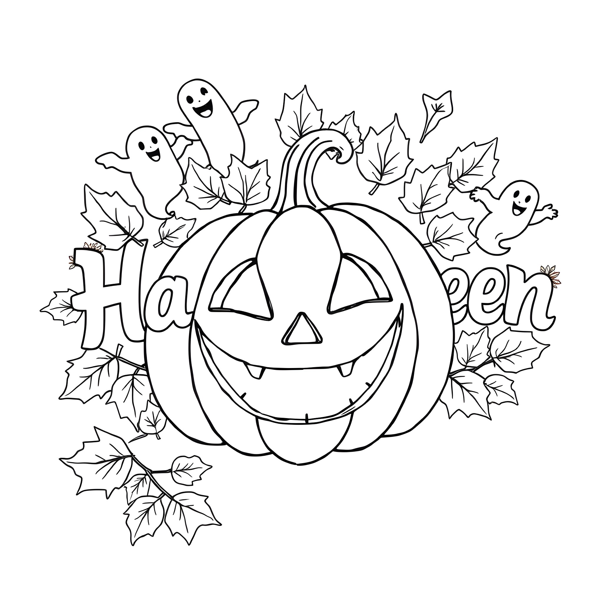 Jack-o'-lantern with happy ghosts and autumn leaves Coloring Page (free black-and-white line drawing printable PDF for all, from beginners to advanced learners, including children, teens, adults, and seniors)