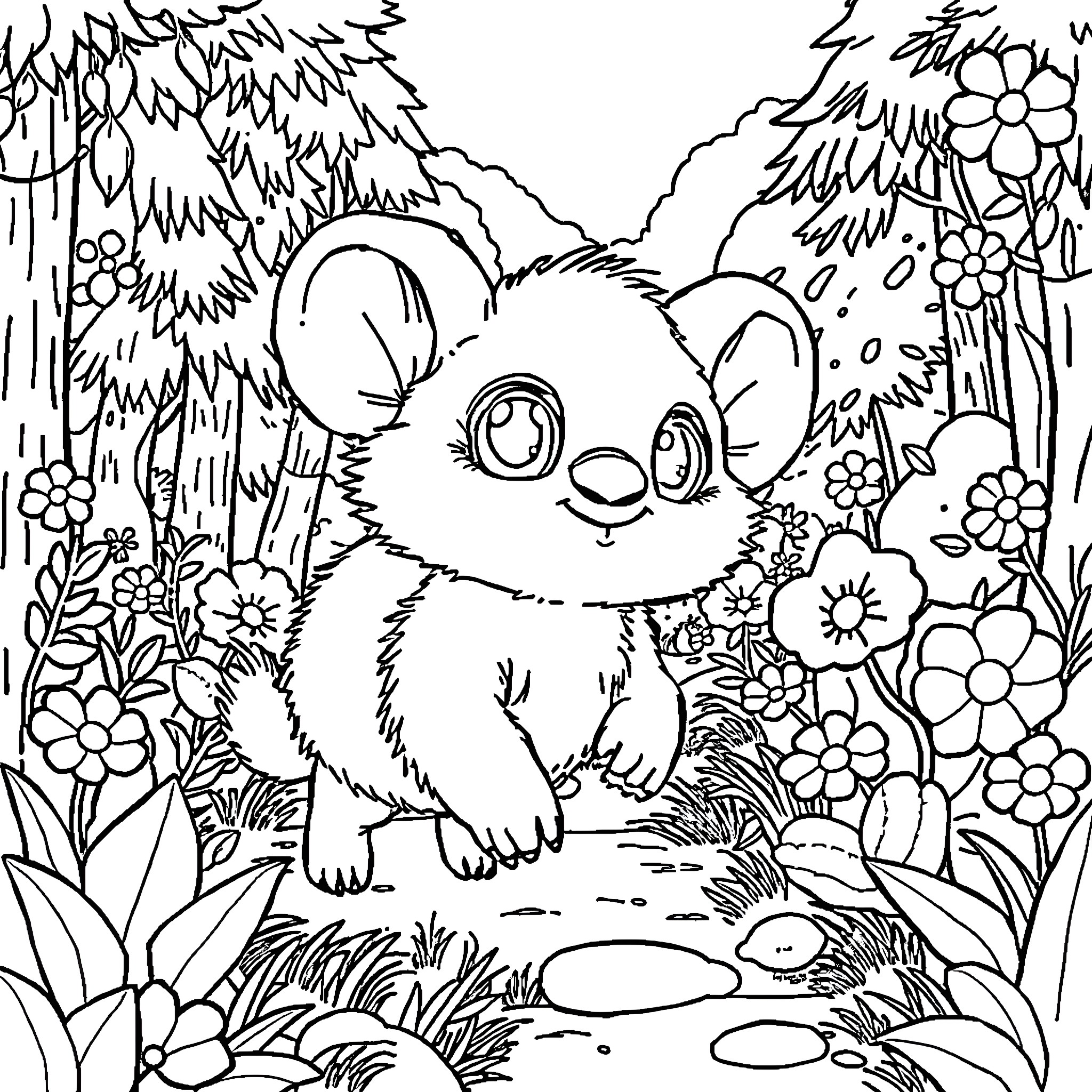 Labubu's Enchanting Woodland Adventure Coloring Page (free black-and-white line drawing printable PDF for all, from beginners to advanced learners, including children, teens, adults, and seniors)