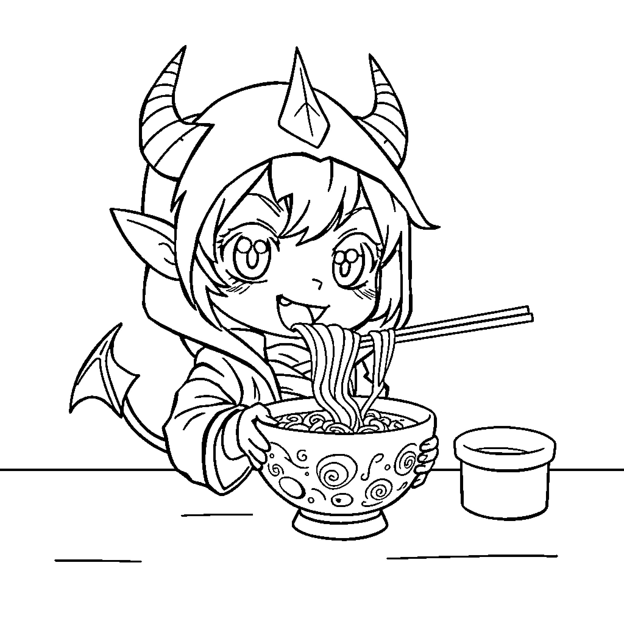 Chibi Monster Enjoying a Bowl of Ramen Coloring Page (free black-and-white line drawing printable PDF for all, from beginners to advanced learners, including children, teens, adults, and seniors)