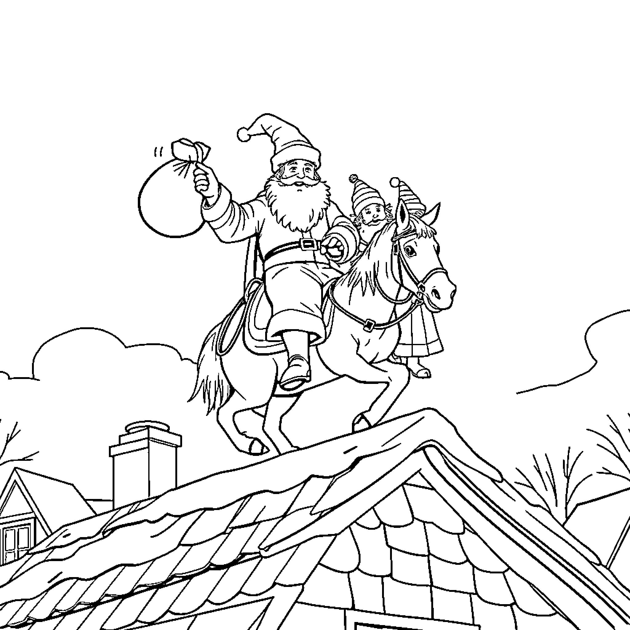 Sinterklaas riding a horse and delivering gifts Coloring Page (free black-and-white line drawing printable PDF for all, from beginners to advanced learners, including children, teens, adults, and seniors)