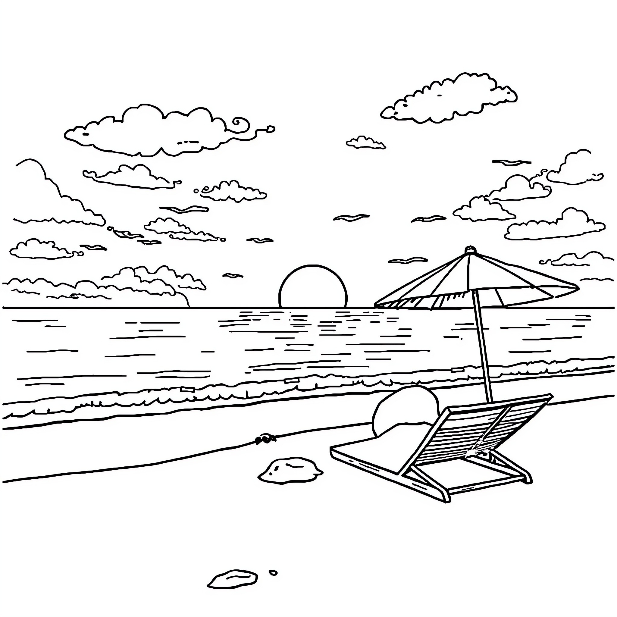 Sunset beach scene with lounge chair and umbrella Coloring Page (free black-and-white line drawing printable PDF for all, from beginners to advanced learners, including children, teens, adults, and seniors)