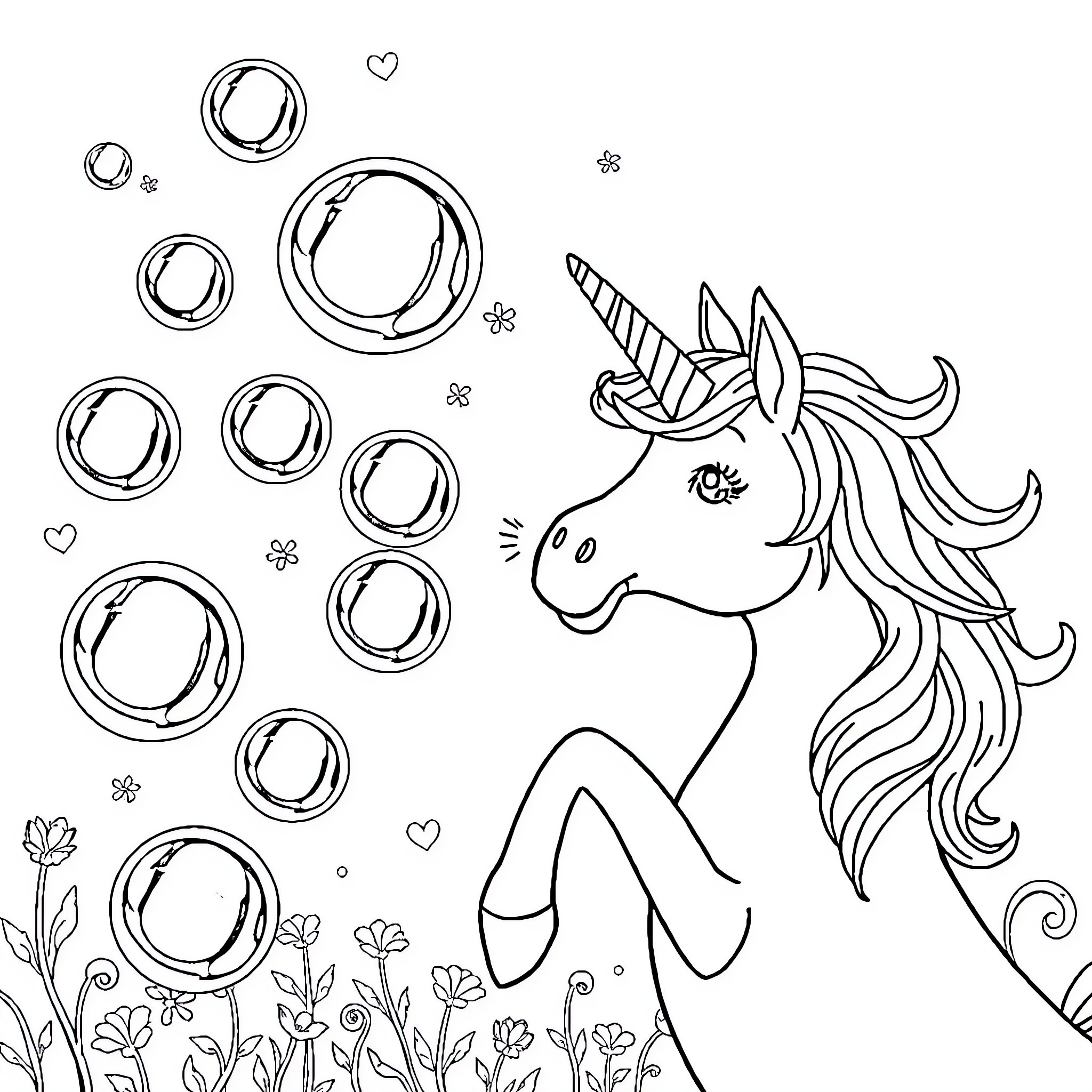 Unicorn dancing among bubbles and flowers Coloring Page (free black-and-white line drawing printable PDF for all, from beginners to advanced learners, including children, teens, adults, and seniors)