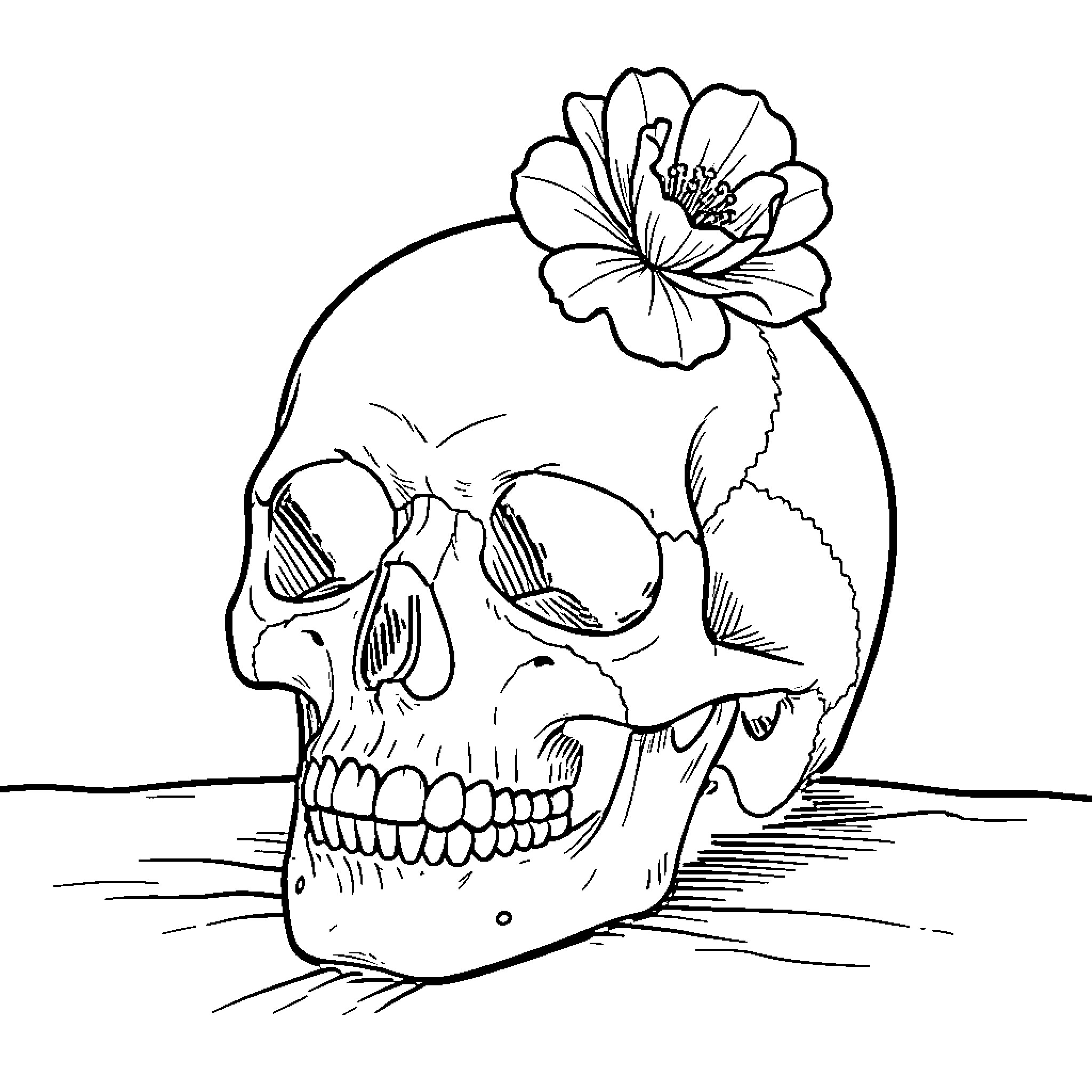 Tête de Mort wearing sunglasses with a flower Coloring Page (free black-and-white line drawing printable PDF for all, from beginners to advanced learners, including children, teens, adults, and seniors)