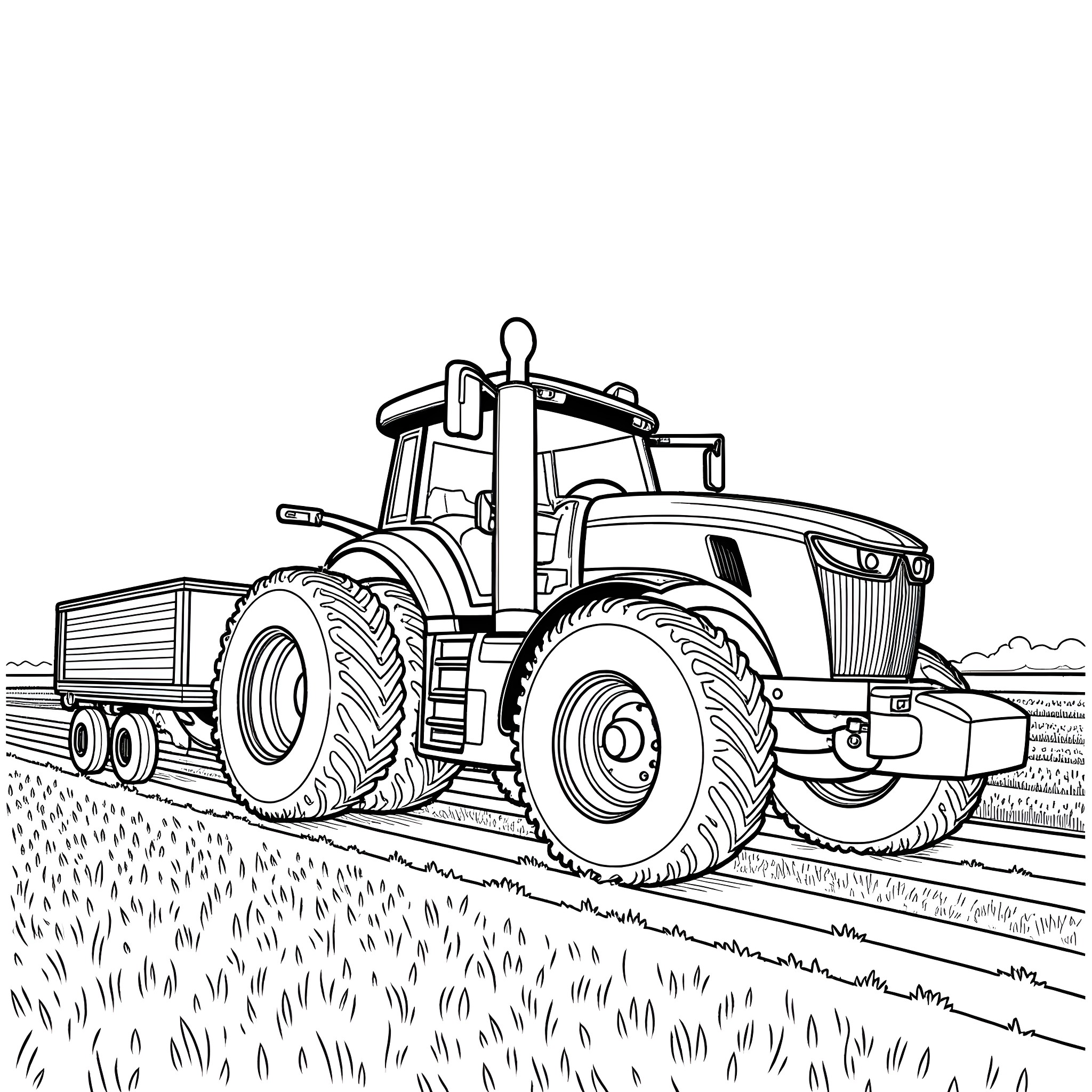 Tractor transporting cargo in rural landscape Coloring Page (free black-and-white line drawing printable PDF for all, from beginners to advanced learners, including children, teens, adults, and seniors)